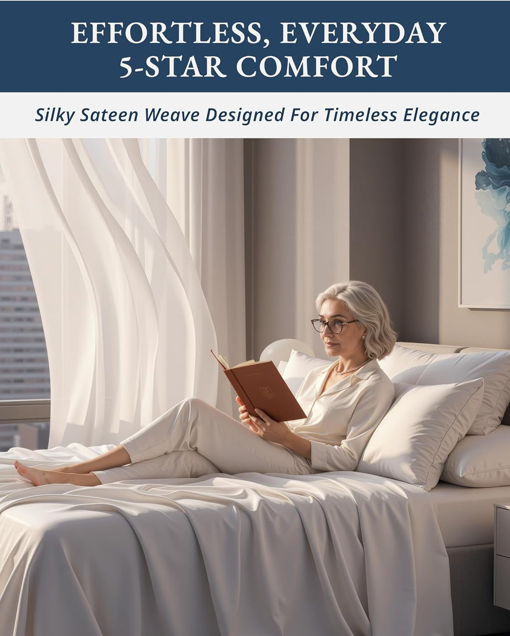 100% Egyptian Cotton Sheets Queen Size - Naturally Cooling & Breathable 4 Piece Silky Sateen Weave Queen Sheet Set, Ultra-Soft & Durable Hotel Luxury Sheets with 15" Snug Fit Deep Pockets - White