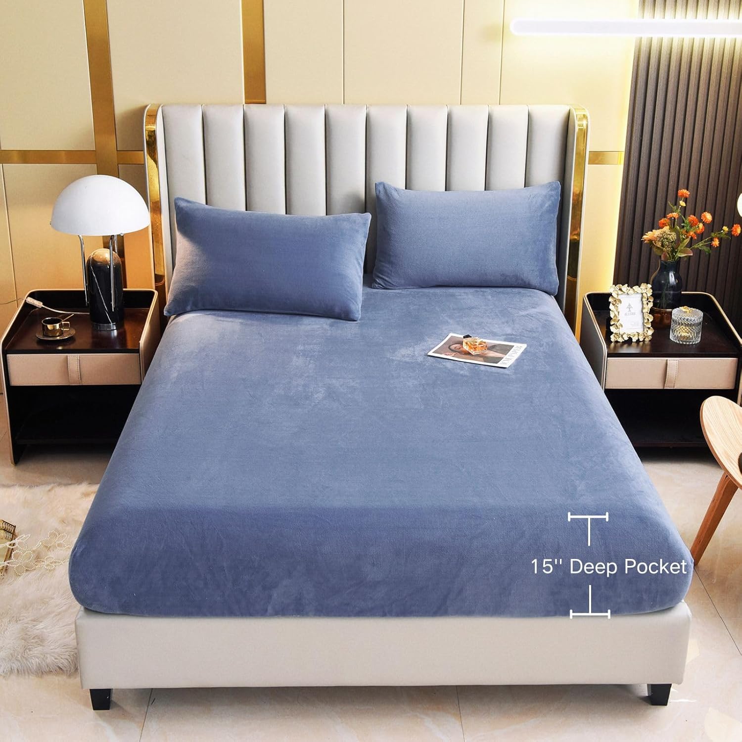 Velvet Fitted Sheet Full Size,Fleece Plush Bed Sheet Mattress Protector Cover with 15'' Deep Pocket Warm Fuzzy Bottom Sheet (Not Include Pillowcases)
