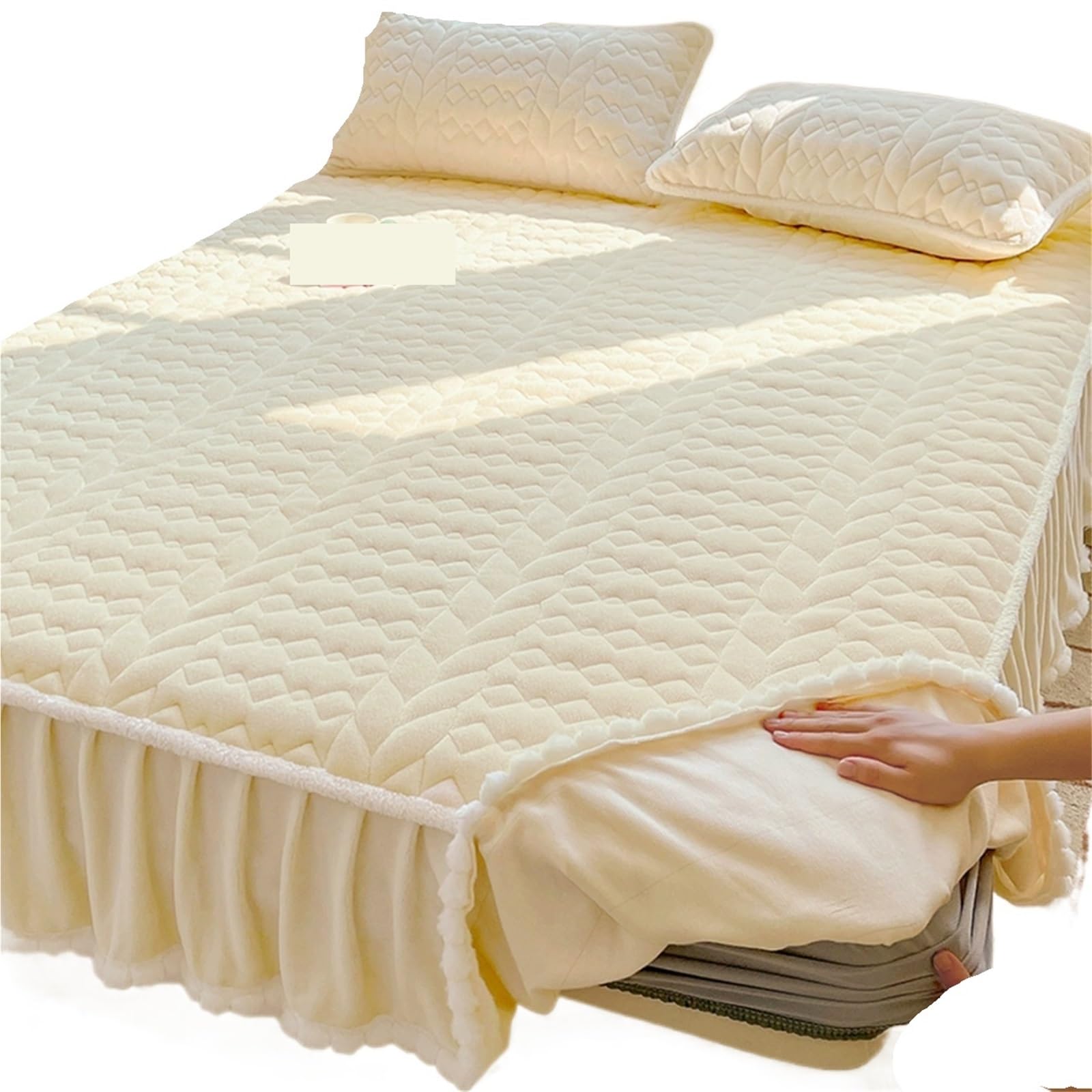 Lace Trimmed Thickened Milk Fleece Quilted Fitted Sheet Warm Coral Bedspread Fleece Lined Bed Skirt Mattress Protector(D,150x200cm)