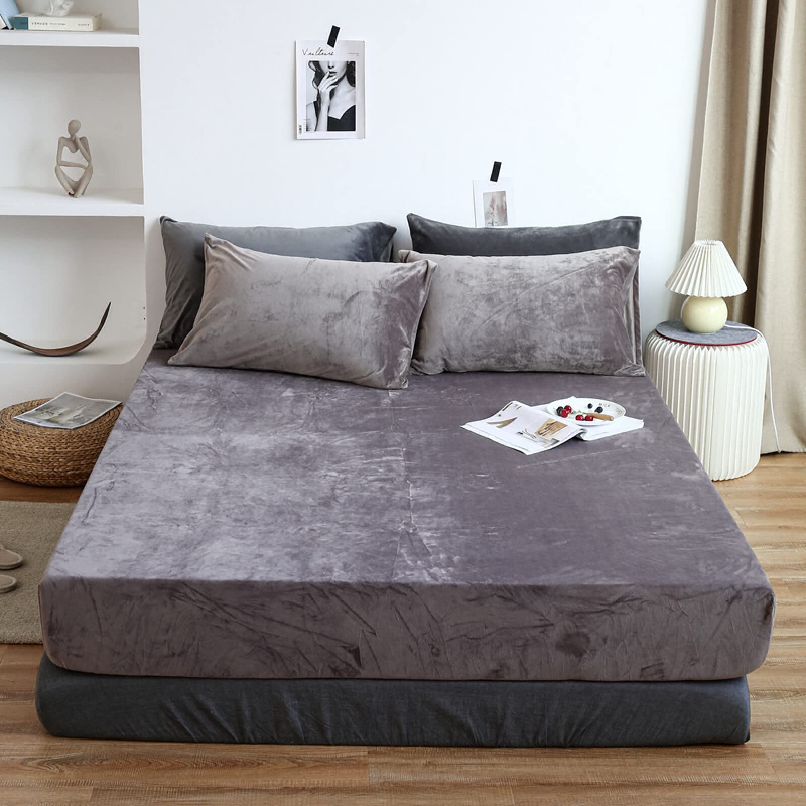 King Fitted Sheet,Winter Warm Coral Fleece Extra-Deep Pocket Sheets, Bedroom Hotel Homestay Queen Pure Color Mattress Protector Pillowcase,Purple,120cmx200cm (3pcs)