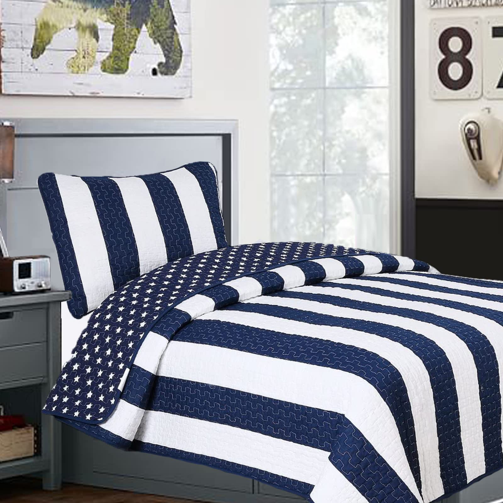 Cozy Line Home Fashions Benjamin Cute Dinosaur Plaid Navy Blue White Grey Bedding Quilt Set 100% Cotton Reversible Coverlet Bedspread Set for Kids Boy(Twin - 2 Piece)