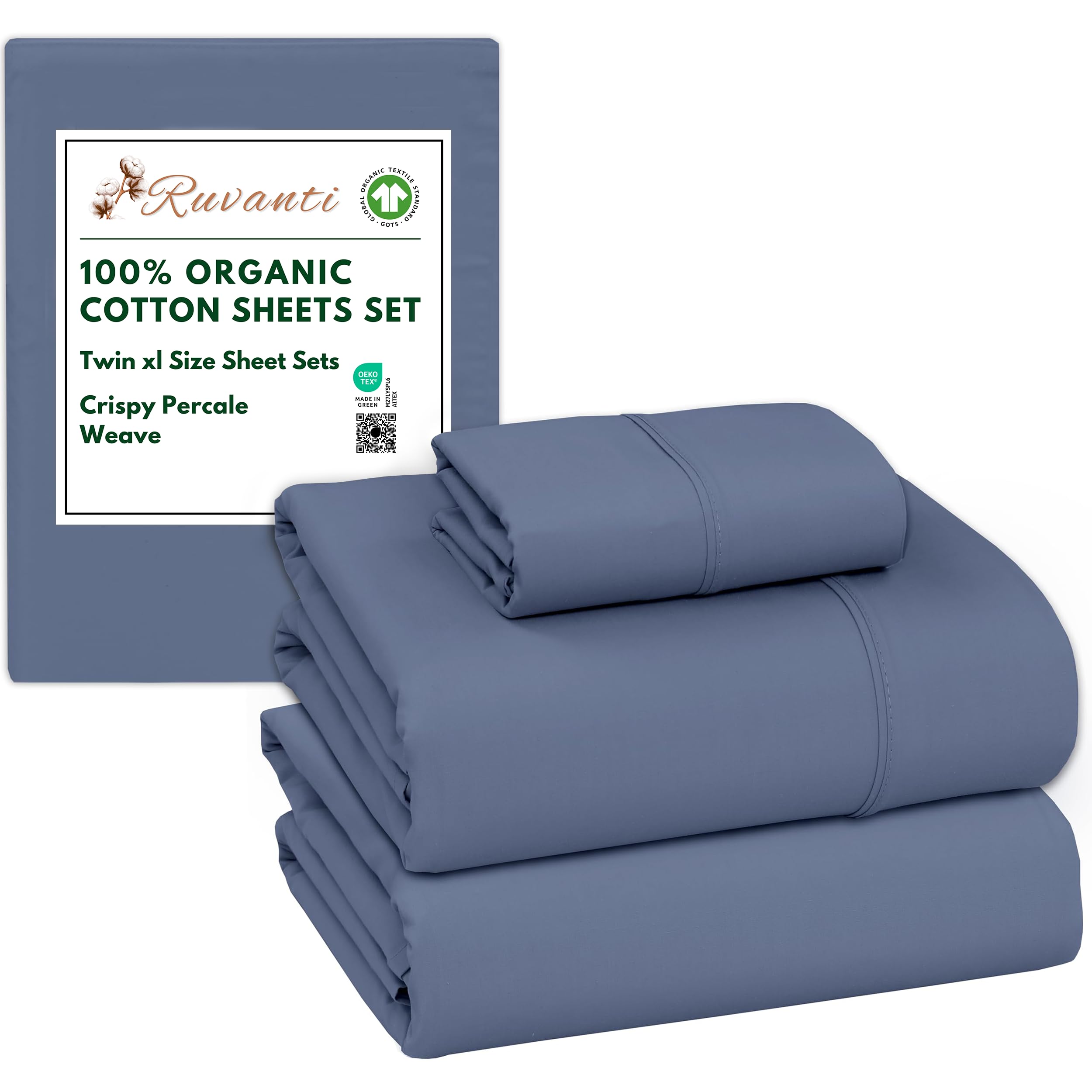 RUVANTI 100% Organic Cotton Sheets Queen Size, Percale Weave, GOTS Certified, 4-Piece Set, Deep Pocket 15", Crisp & Breathable, Soft Durable Bedding, Sábanas Algodón Orgánico – Daisy Bud