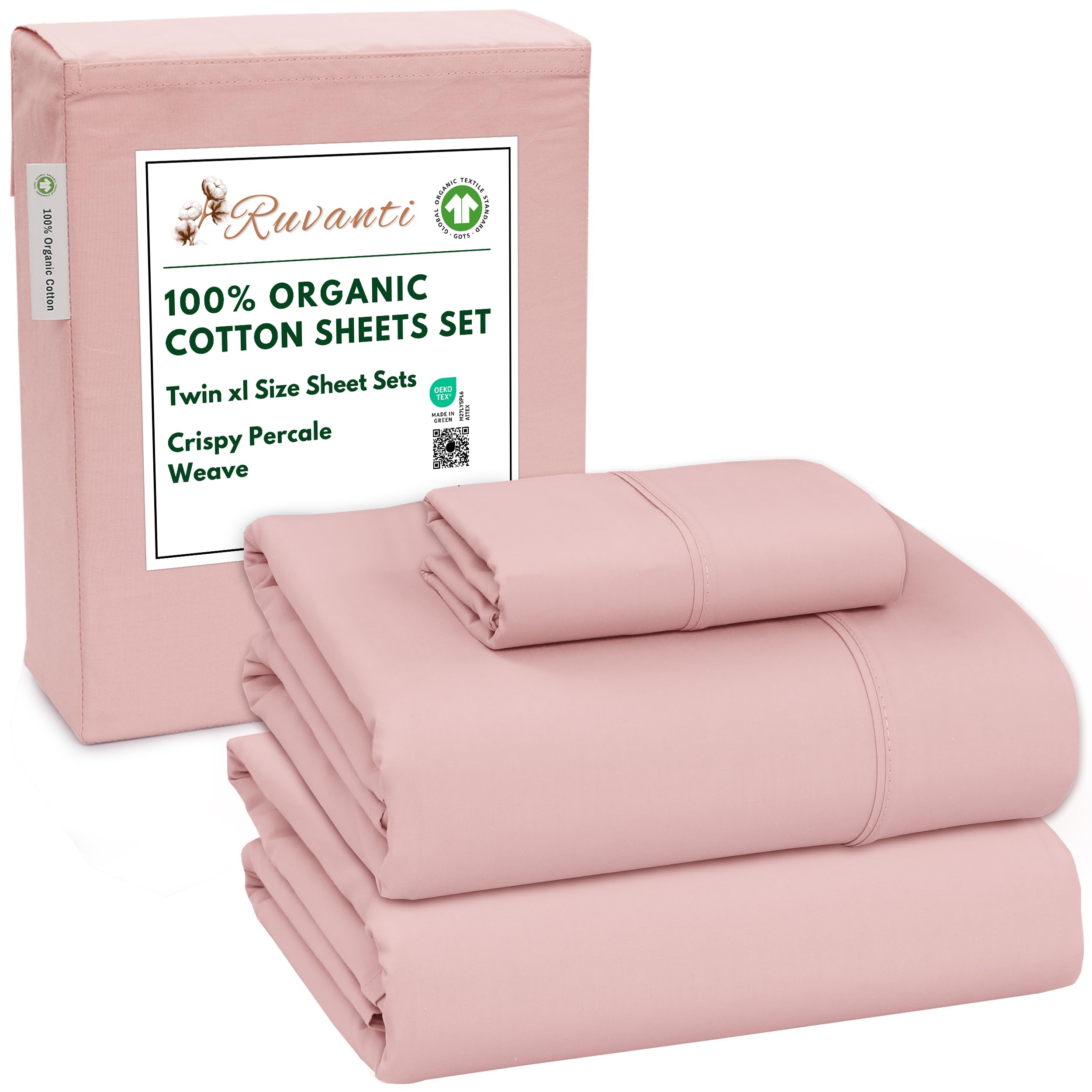 RUVANTI 100% Organic Cotton Sheets Queen Size, Percale Weave, GOTS Certified, 4-Piece Set, Deep Pocket 15", Crisp & Breathable, Soft Durable Bedding, Sábanas Algodón Orgánico – Daisy Bud