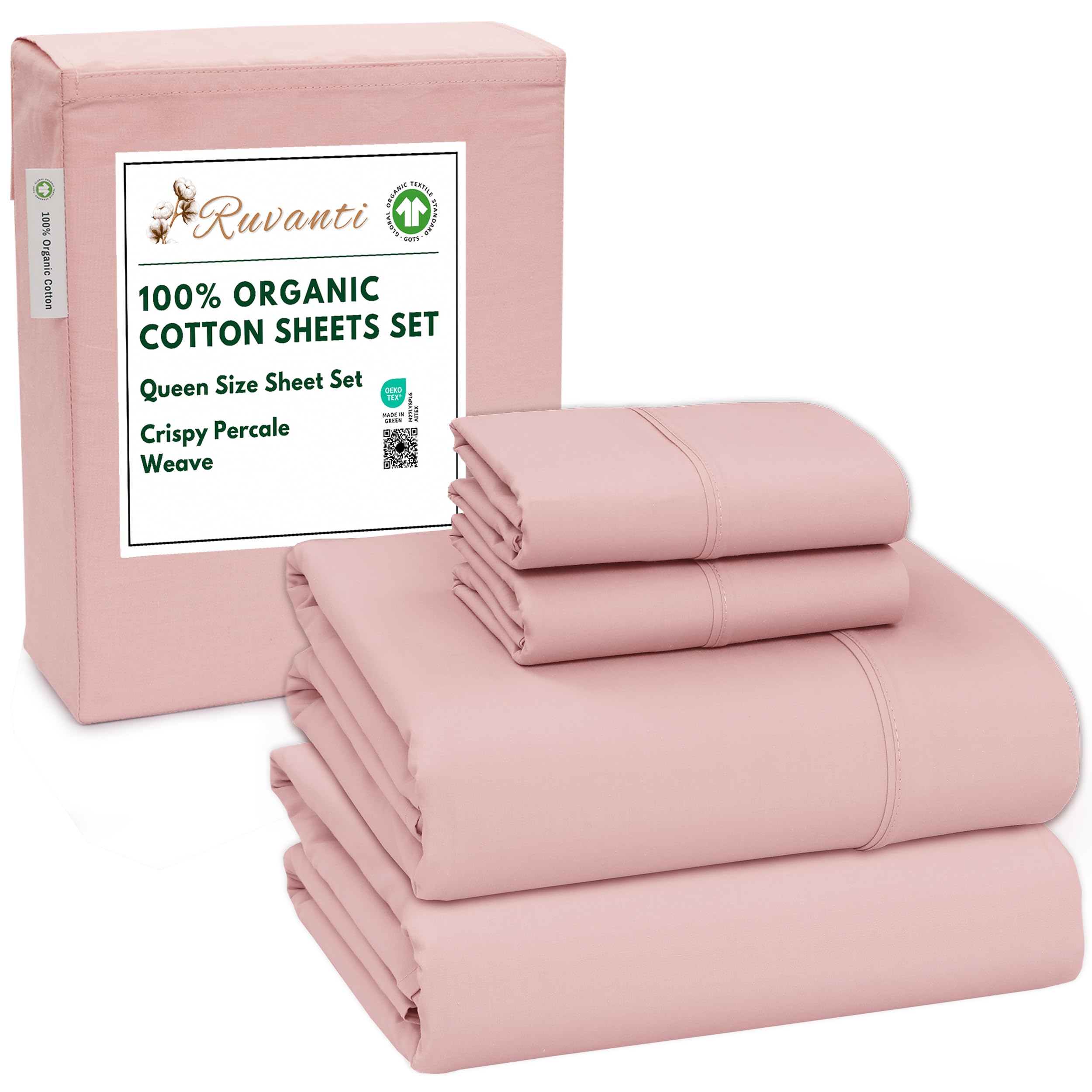 RUVANTI 100% Organic Cotton Sheets Queen Size, Percale Weave, GOTS Certified, 4-Piece Set, Deep Pocket 15", Crisp & Breathable, Soft Durable Bedding, Sábanas Algodón Orgánico – Daisy Bud