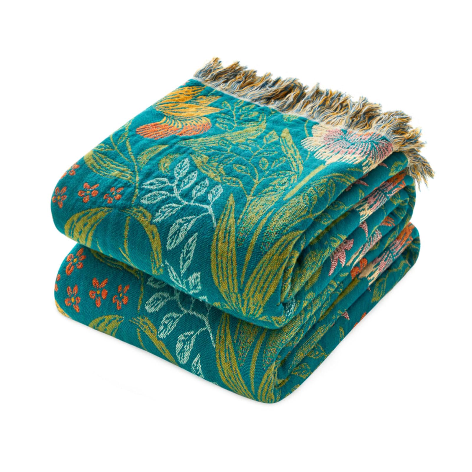 Boho Throw Blanket - 100% Cotton Soft Spring Throw Blanket for Bed, 90"x108" Reversible Breathable Lightweight Blankets, All Seasons Farmhouse Decor Floral Plant Butterfly Throw Quilt