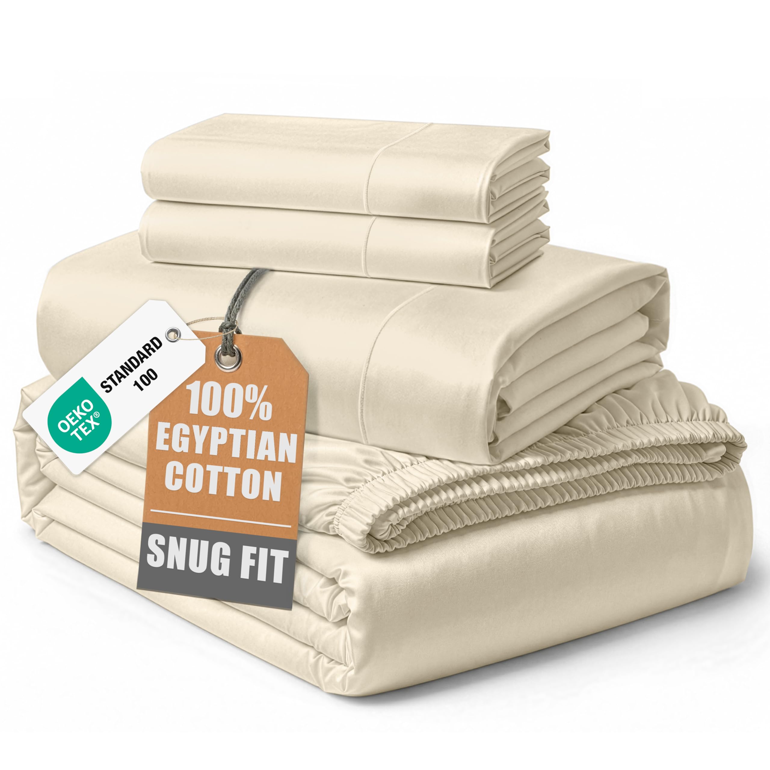 100% Egyptian Cotton Sheets Queen Size - Naturally Cooling & Breathable 4 Piece Silky Sateen Weave Queen Sheet Set, Ultra-Soft & Durable Hotel Luxury Sheets with 15" Snug Fit Deep Pockets - White