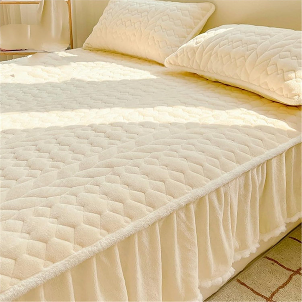 Lace Trimmed Thickened Milk Fleece Quilted Fitted Sheet Warm Coral Bedspread Fleece Lined Bed Skirt Mattress Protector(D,150x200cm)