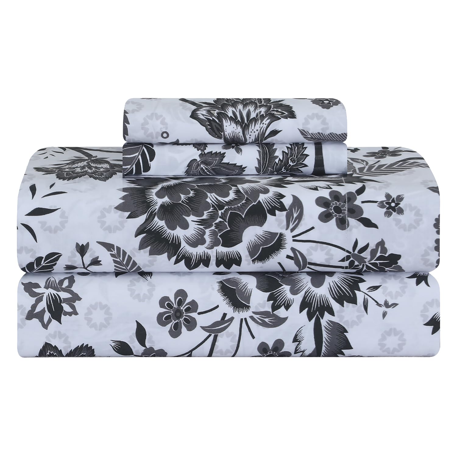 Feather & Stitch Softest 100% Cotton Sheets, 300 Thread Count Percale Weave Bedding, 16" Deep Pocket, Cooling Sheets, Breathable Bed Set, Hotel Premium Quality (Queen, Victorian Floral)