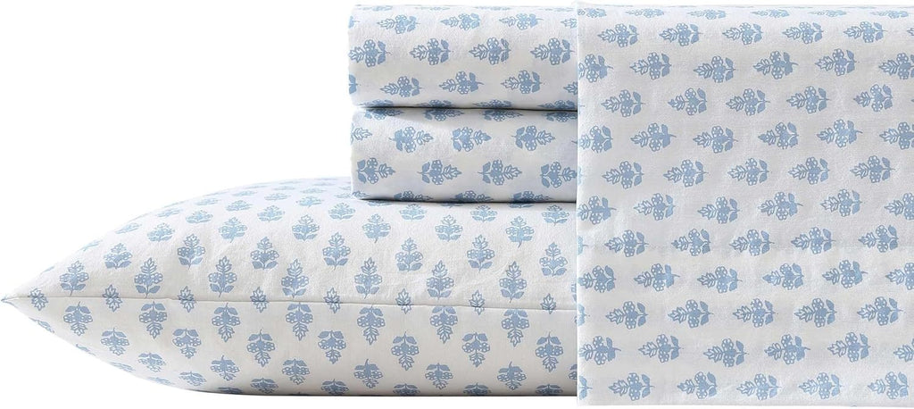Laura Ashley - Queen Sheet Set, Crisp & Cool Sheets w/a Naturally Smooth Cotton Percale Feel, Deep Pocket, Bed Sheets with Matching Pillowcases & Fitted Sheet (Francesca Blue)