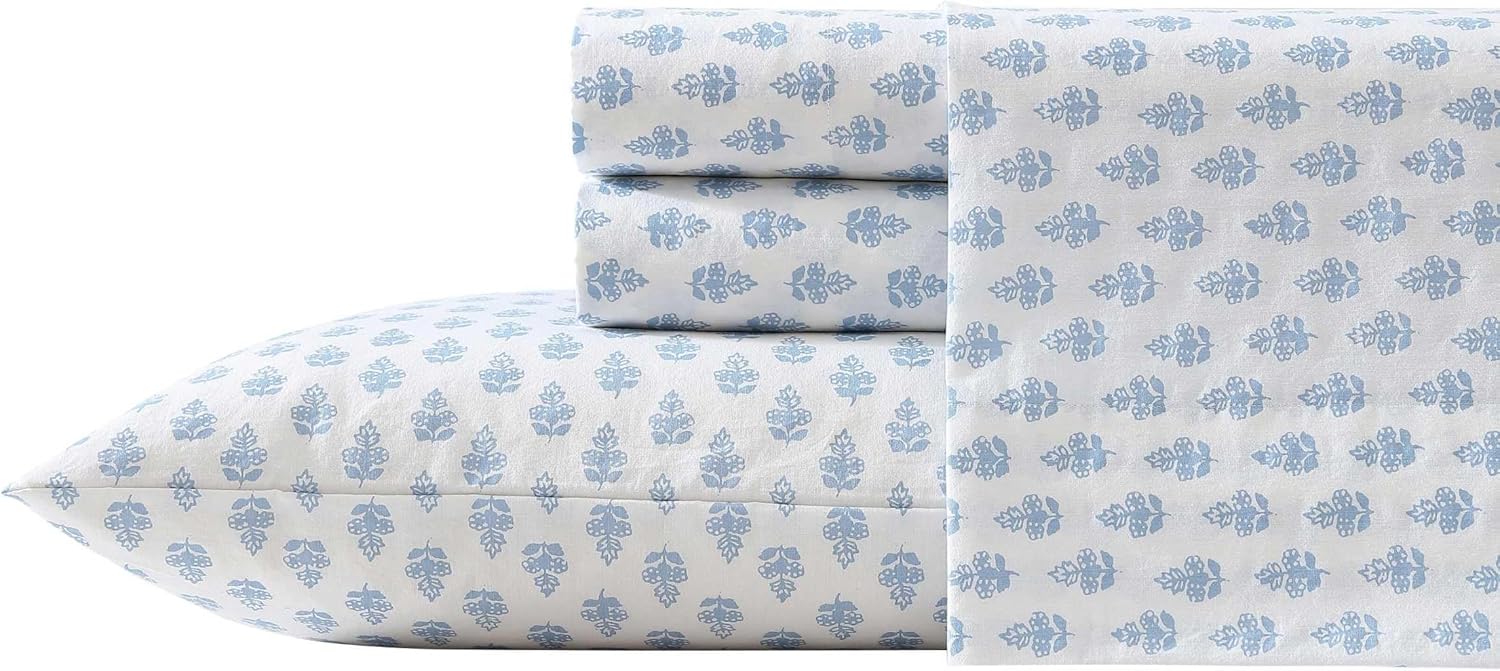 Laura Ashley - Queen Sheet Set, Crisp & Cool Sheets w/a Naturally Smooth Cotton Percale Feel, Deep Pocket, Bed Sheets with Matching Pillowcases & Fitted Sheet (Francesca Blue)