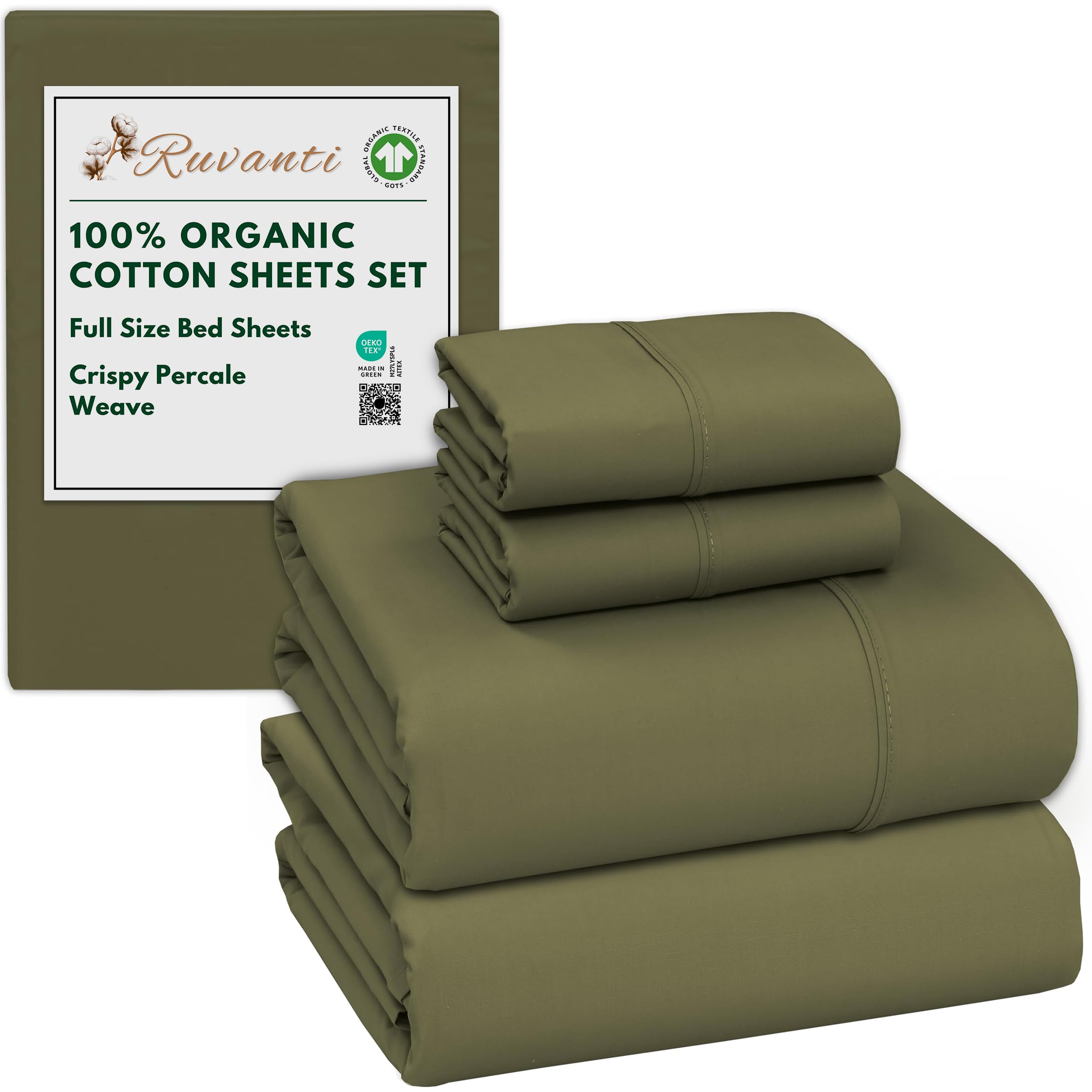 RUVANTI 100% Organic Cotton Sheets Queen Size, Percale Weave, GOTS Certified, 4-Piece Set, Deep Pocket 15", Crisp & Breathable, Soft Durable Bedding, Sábanas Algodón Orgánico – Daisy Bud