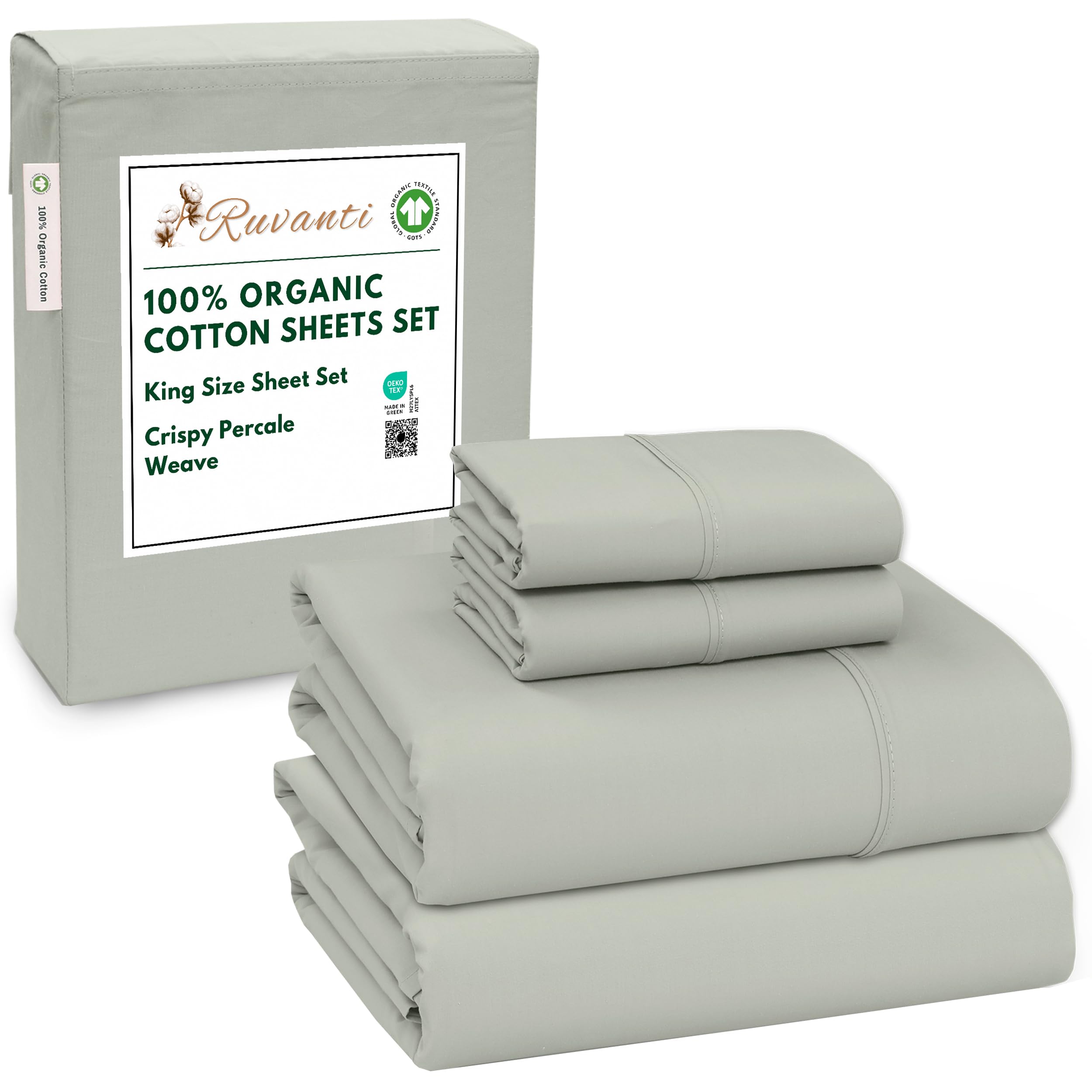 RUVANTI 100% Organic Cotton Sheets Queen Size, Percale Weave, GOTS Certified, 4-Piece Set, Deep Pocket 15", Crisp & Breathable, Soft Durable Bedding, Sábanas Algodón Orgánico – Daisy Bud