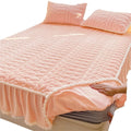 Lace Trimmed Thickened Milk Fleece Quilted Fitted Sheet Warm Coral Bedspread Fleece Lined Bed Skirt Mattress Protector(D,150x200cm)