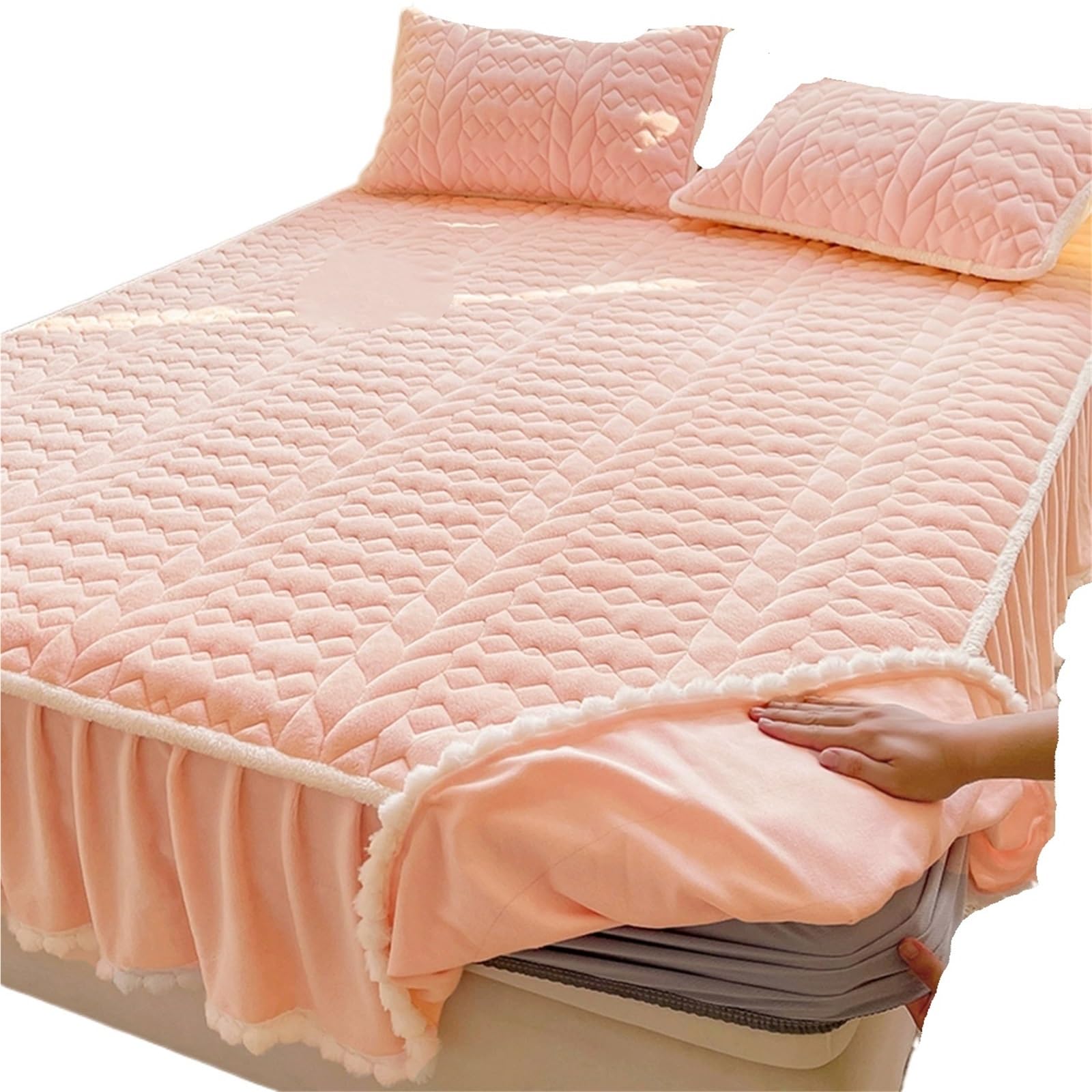 Lace Trimmed Thickened Milk Fleece Quilted Fitted Sheet Warm Coral Bedspread Fleece Lined Bed Skirt Mattress Protector(D,150x200cm)