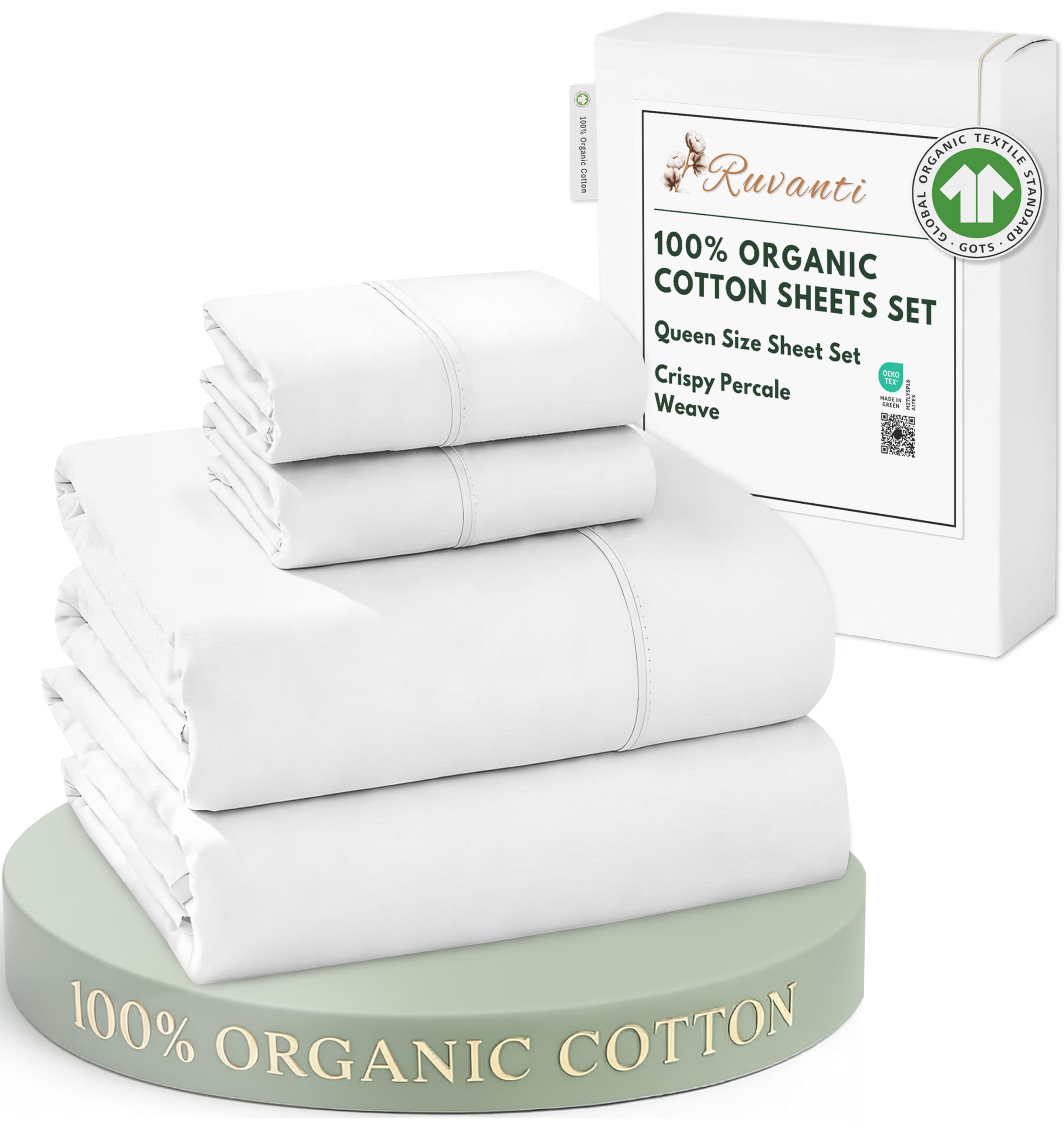 RUVANTI 100% Organic Cotton Sheets Queen Size, Percale Weave, GOTS Certified, 4-Piece Set, Deep Pocket 15", Crisp & Breathable, Soft Durable Bedding, Sábanas Algodón Orgánico – Daisy Bud