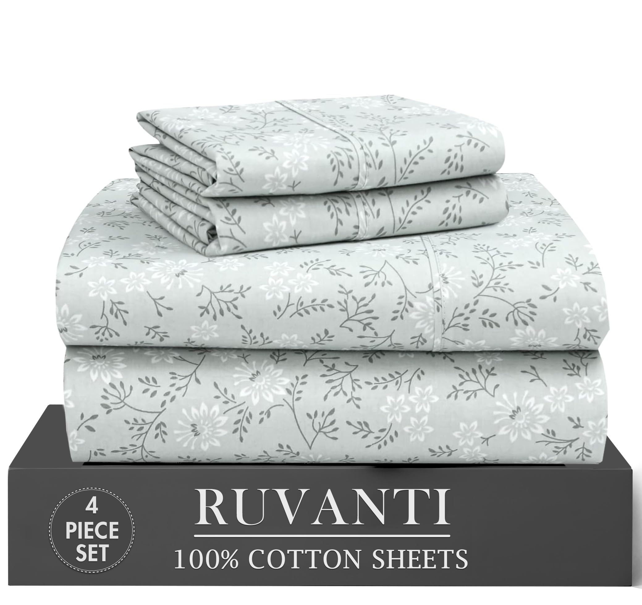 RUVANTI 6 Pcs Cotton Sheets - 100% Natural Cotton Soft, Lightweight & Breathable Crispy Percale Bed Sheets, Queen Sheet Set 16" Deep Pockets, Wild Flower