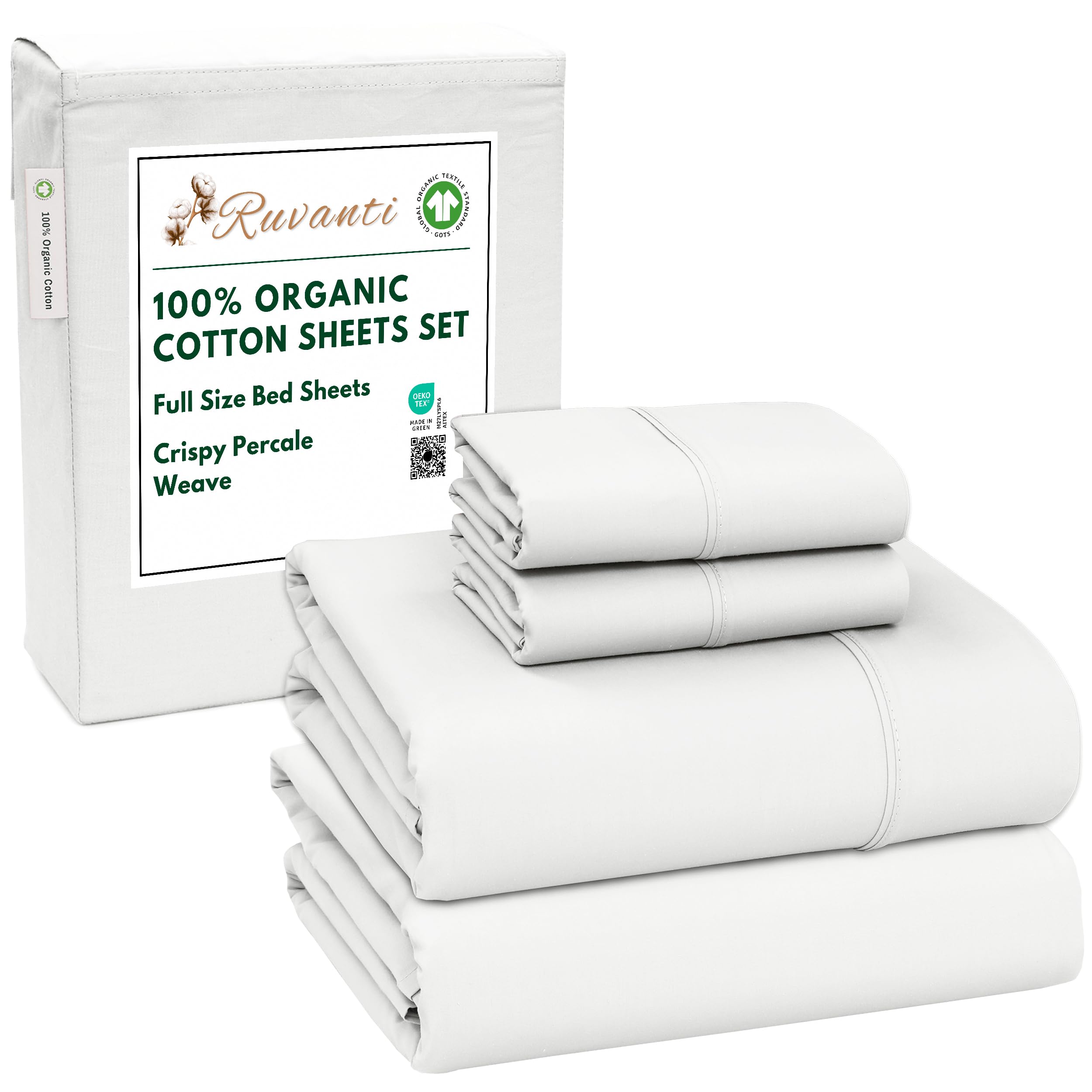 RUVANTI 100% Organic Cotton Sheets Queen Size, Percale Weave, GOTS Certified, 4-Piece Set, Deep Pocket 15", Crisp & Breathable, Soft Durable Bedding, Sábanas Algodón Orgánico – Daisy Bud