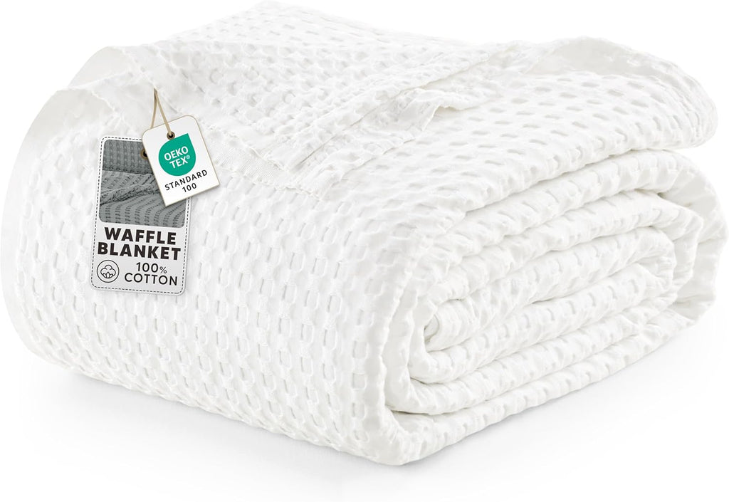 Utopia Bedding 100% Cotton Waffle Weave Blanket Queen Size for Bed - Lightweight, Breathable Summer Blankets Soft and Cozy, Gifts for Women Home Room Decor (White, 90x90 Inch)