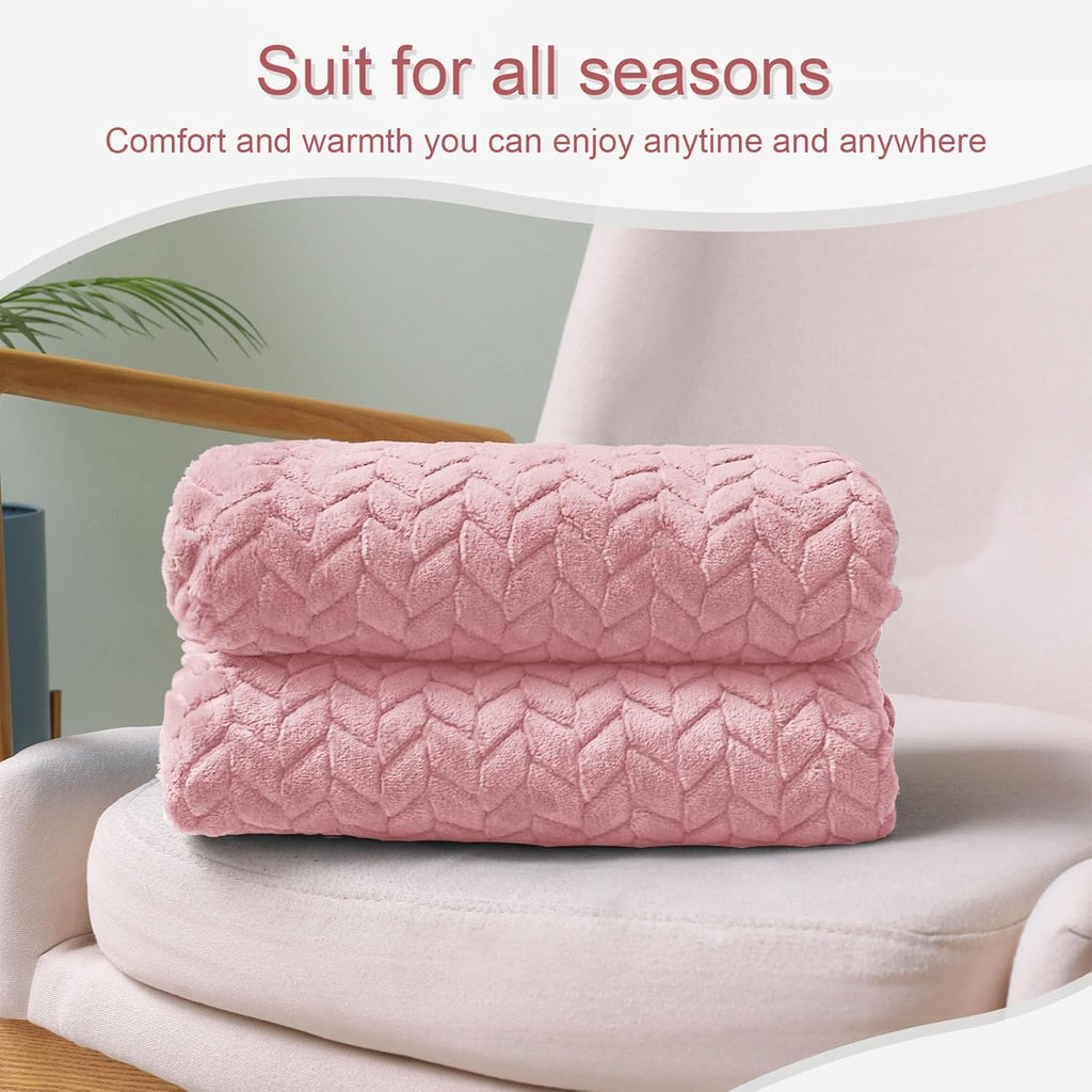Exclusivo Mezcla Fleece Throw Blanket for Couch Sofa Bedroom, Soft Fuzzy Plush Warm Lightweight Jacquard Flannel Throws for Women, 50x70 Inches, Pink