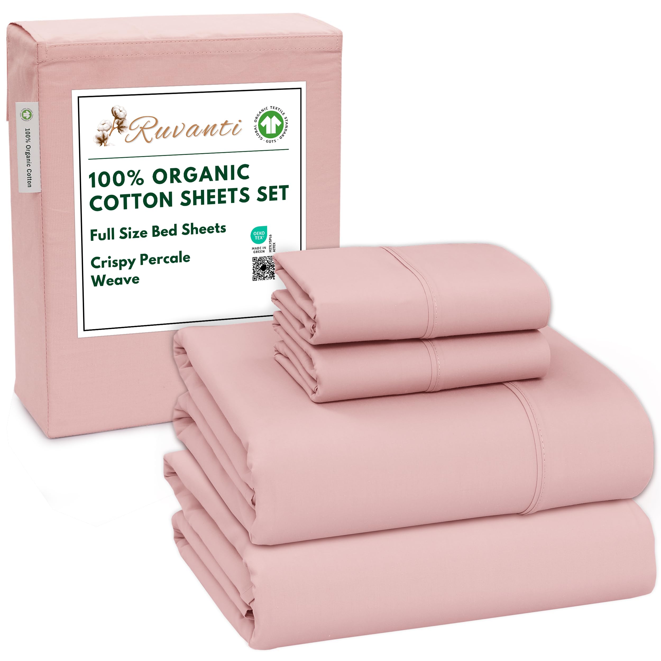 RUVANTI 100% Organic Cotton Sheets Queen Size, Percale Weave, GOTS Certified, 4-Piece Set, Deep Pocket 15", Crisp & Breathable, Soft Durable Bedding, Sábanas Algodón Orgánico – Daisy Bud