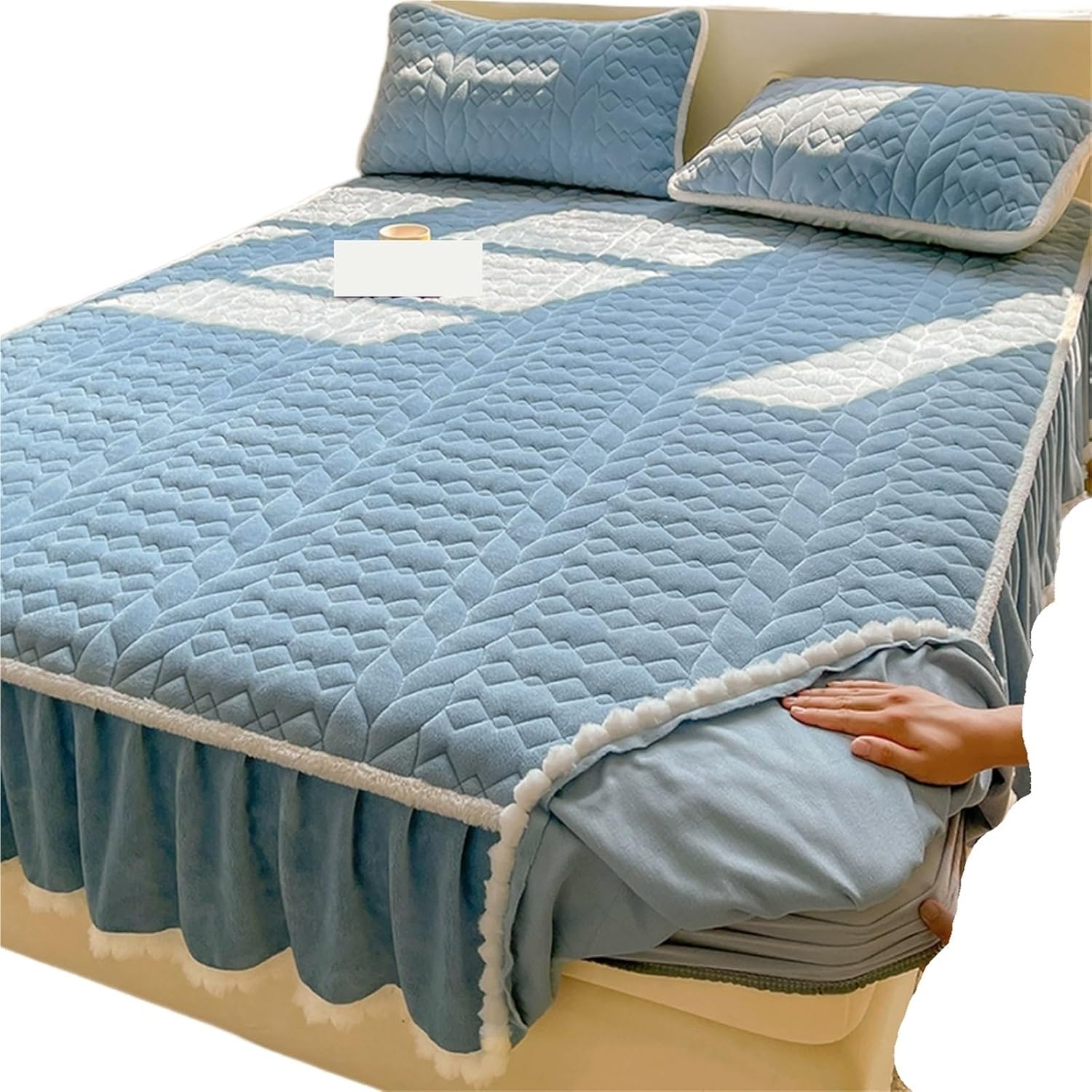 Lace Trimmed Thickened Milk Fleece Quilted Fitted Sheet Warm Coral Bedspread Fleece Lined Bed Skirt Mattress Protector(D,150x200cm)