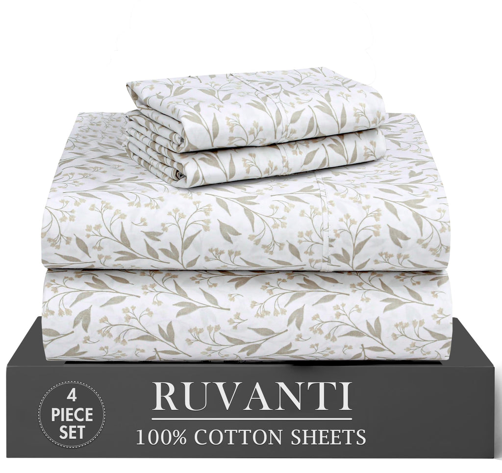 RUVANTI 6 Pcs Cotton Sheets - 100% Natural Cotton Soft, Lightweight & Breathable Crispy Percale Bed Sheets, Queen Sheet Set 16" Deep Pockets, Wild Flower