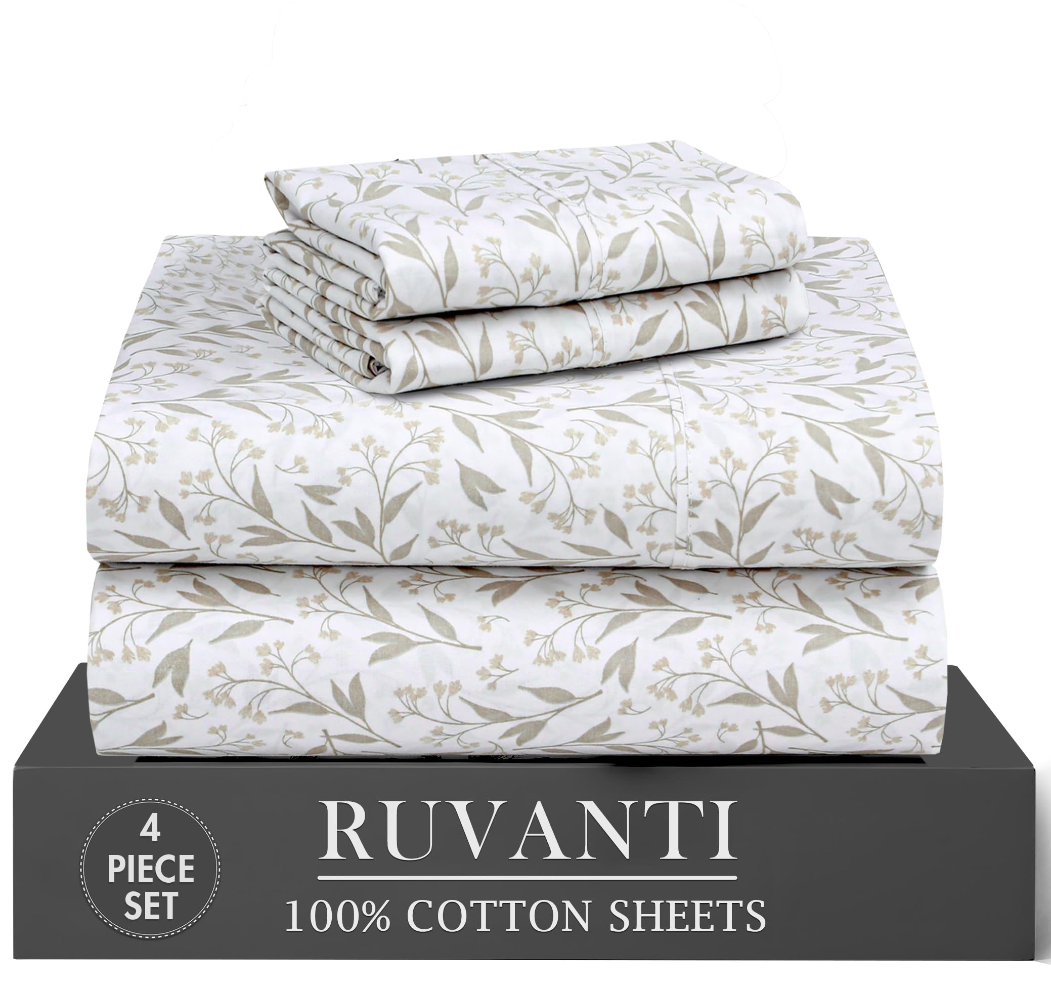 RUVANTI 6 Pcs Cotton Sheets - 100% Natural Cotton Soft, Lightweight & Breathable Crispy Percale Bed Sheets, Queen Sheet Set 16" Deep Pockets, Wild Flower