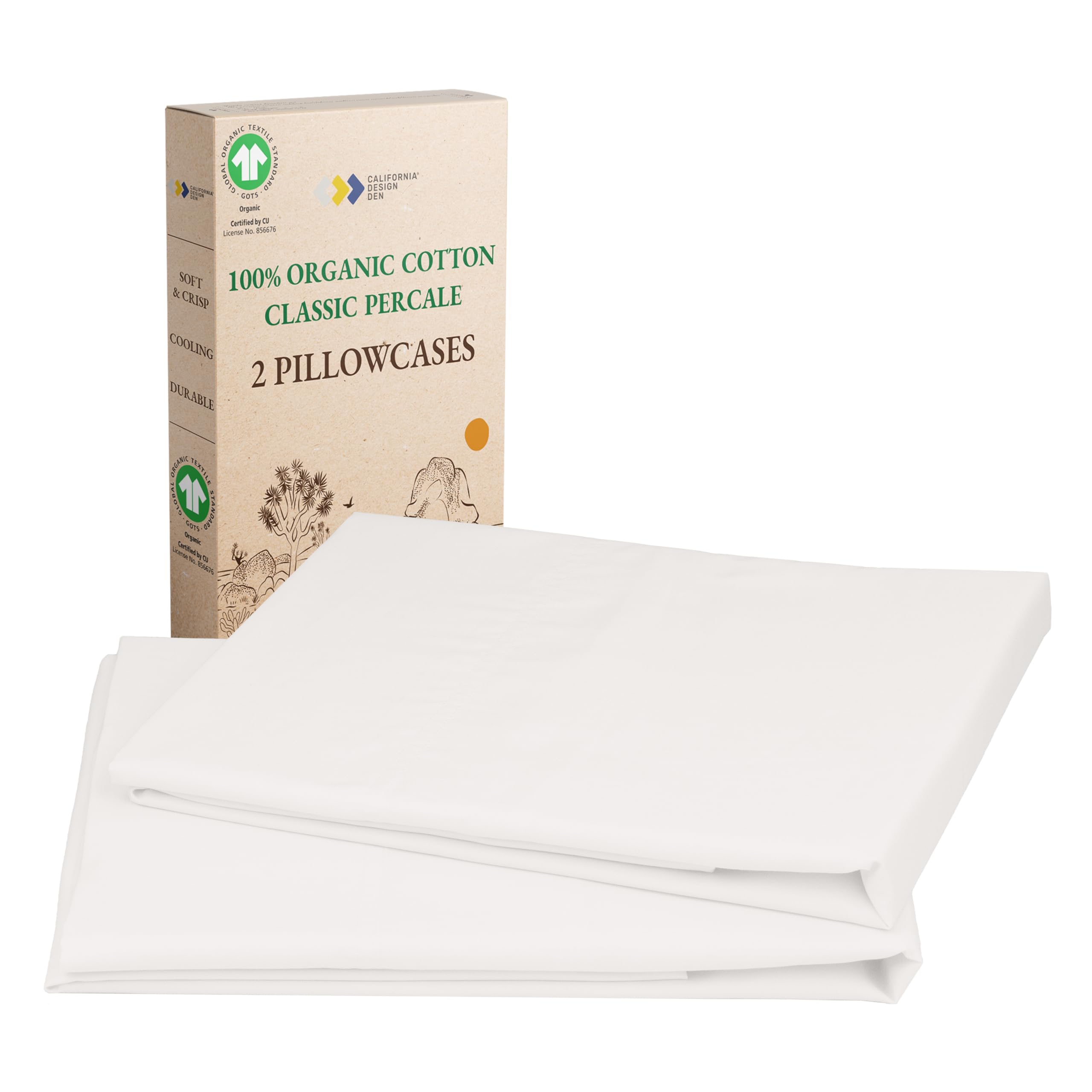 California Design Den 100% Organic Cotton Pillow Cases Queen/Standard Set of 2, Soft & Crisp Percale Weave Cotton Pillowcases (Bright White)