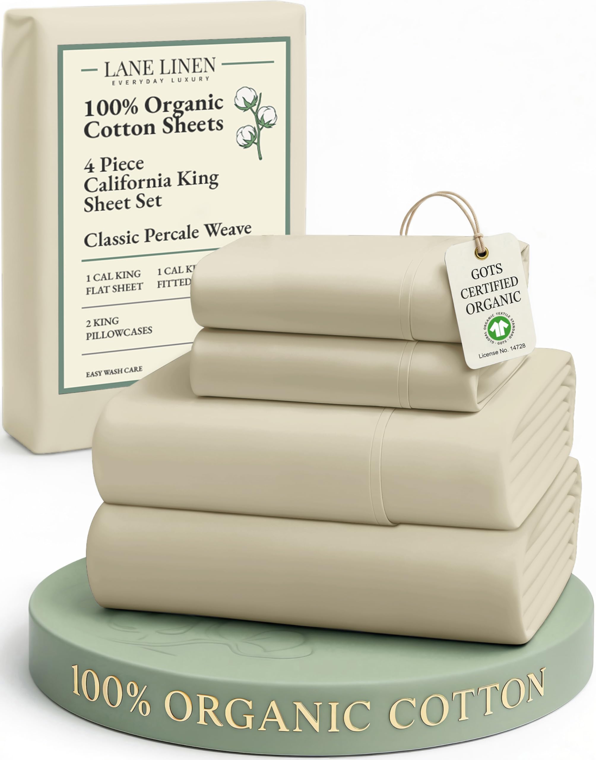 LANE LINEN 100% Organic Cotton Sheets Set Pure Long- Staple Percale Weave - Bedding for Bed Fits Mattress Upto 15" Deep Pocket (Queen Taupe)