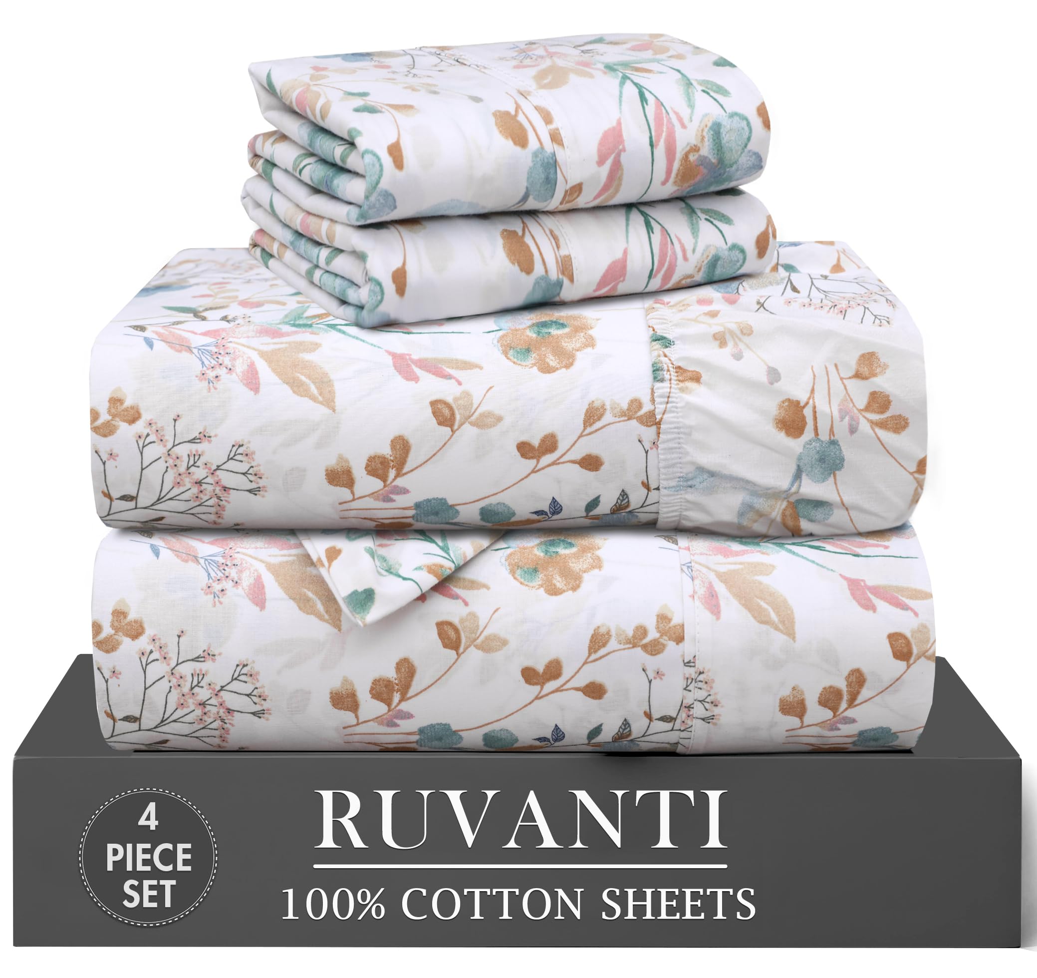 RUVANTI 6 Pcs Cotton Sheets - 100% Natural Cotton Soft, Lightweight & Breathable Crispy Percale Bed Sheets, Queen Sheet Set 16" Deep Pockets, Wild Flower