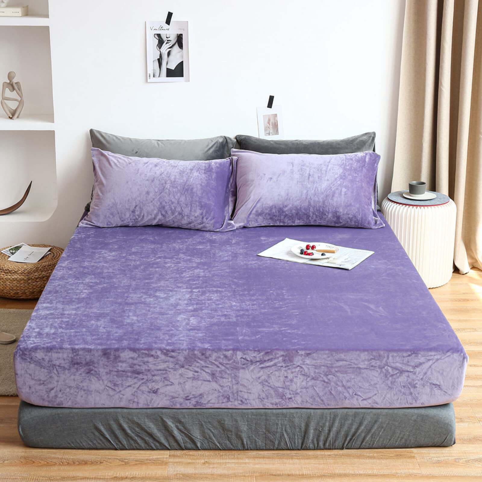 King Fitted Sheet,Winter Warm Coral Fleece Extra-Deep Pocket Sheets, Bedroom Hotel Homestay Queen Pure Color Mattress Protector Pillowcase,Purple,120cmx200cm (3pcs)