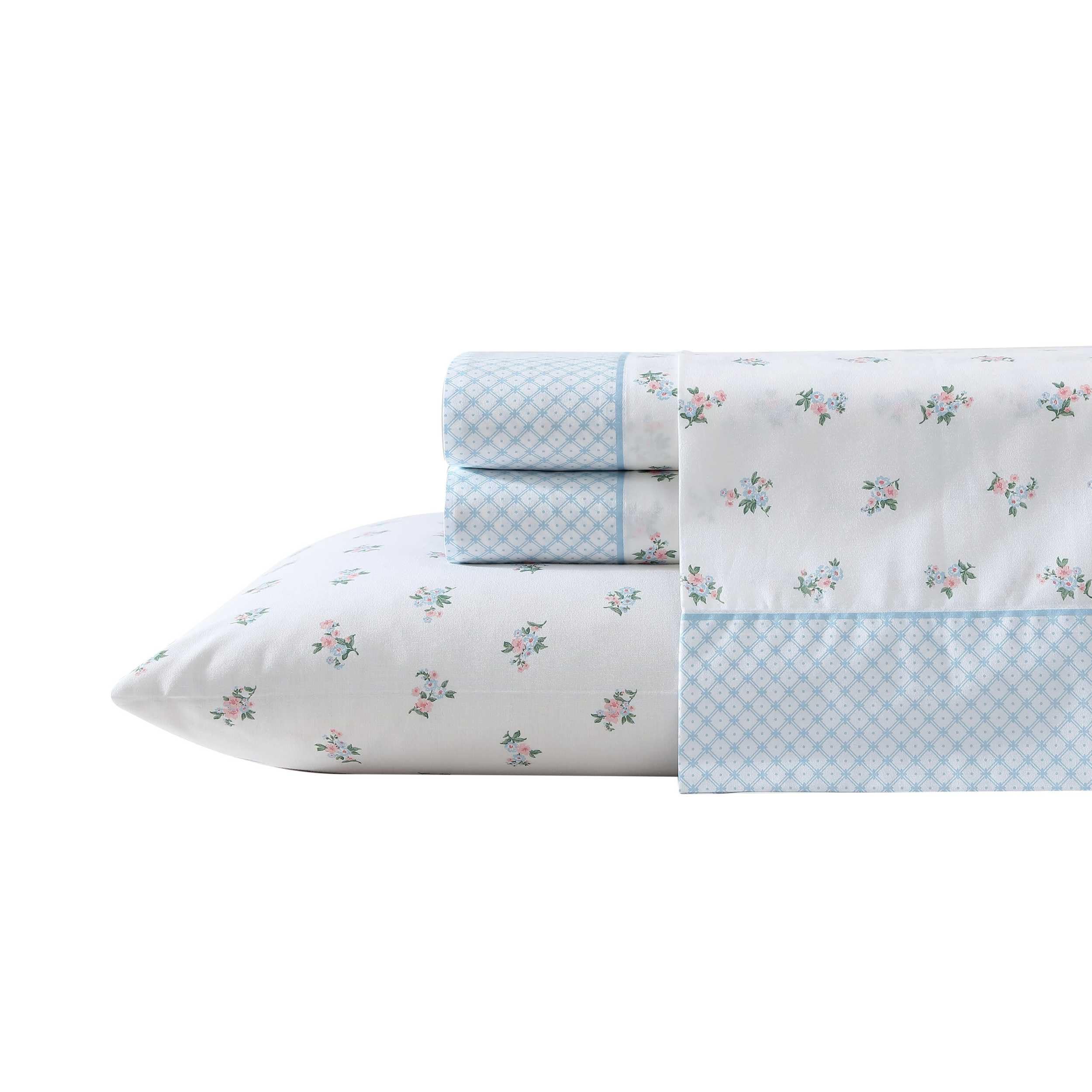 Laura Ashley - Queen Sheet Set, Crisp & Cool Sheets w/a Naturally Smooth Cotton Percale Feel, Deep Pocket, Bed Sheets with Matching Pillowcases & Fitted Sheet (Francesca Blue)