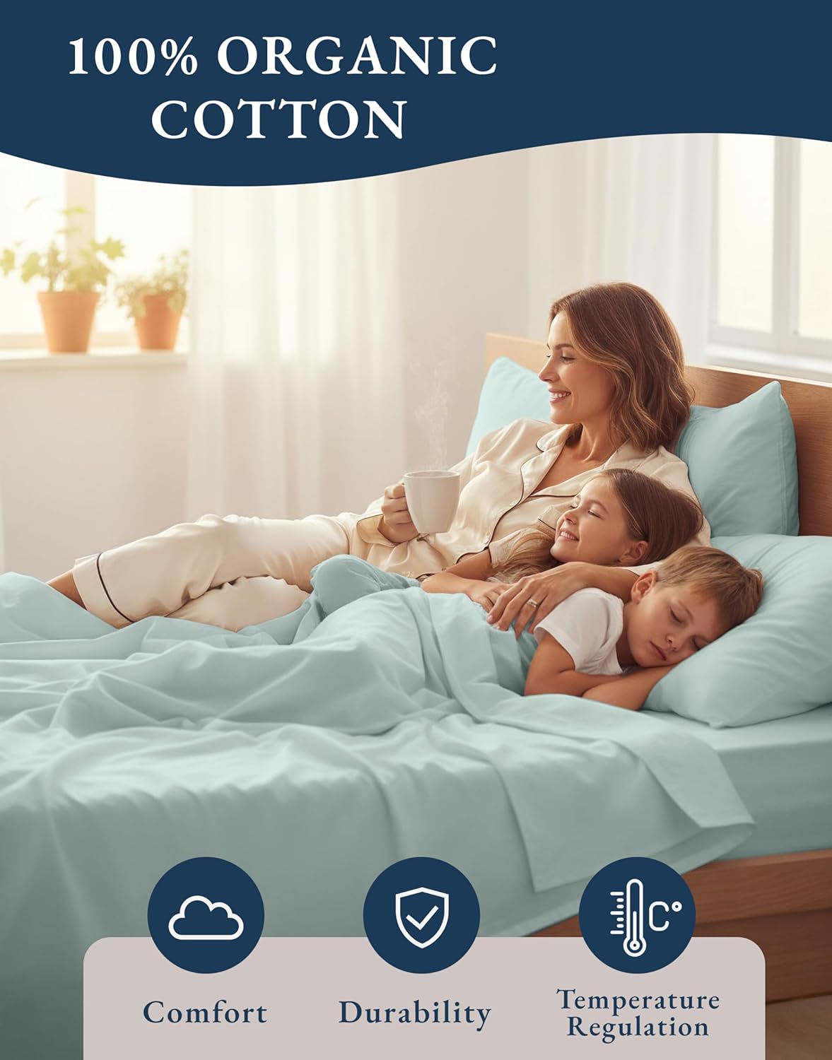 LANE LINEN 100% Organic Cotton Eco Friendly Sustainably Produced Queen Sheets Set, Low Pill Fade Resistant Machine Wash Fully Elasticized Cotton Bedding Queen Set- French Blue