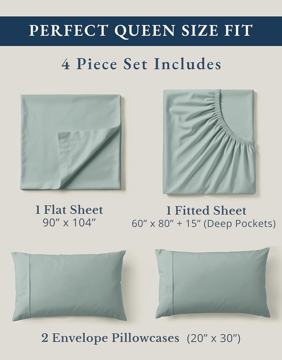 LANE LINEN 100% Organic Cotton Eco Friendly Sustainably Produced Queen Sheets Set, Low Pill Fade Resistant Machine Wash Fully Elasticized Cotton Bedding Queen Set- French Blue