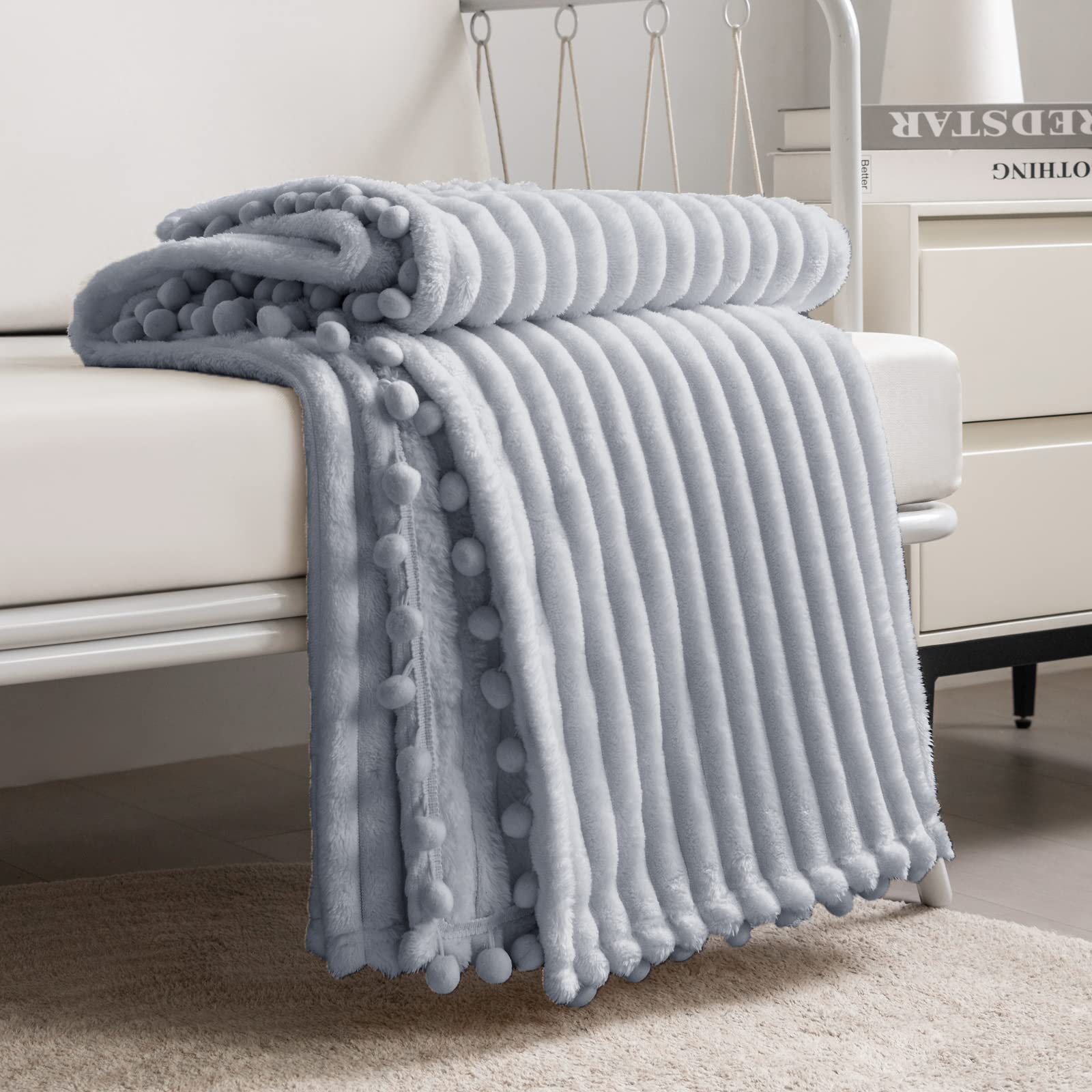 DISSA Fleece Blanket Twin Size – 60x80, Coral - Soft, Plush, Fluffy, Fuzzy, Warm, Cozy – Perfect Throw for Couch, Bed, Sofa - with Pompom Fringe - Flannel Blanket