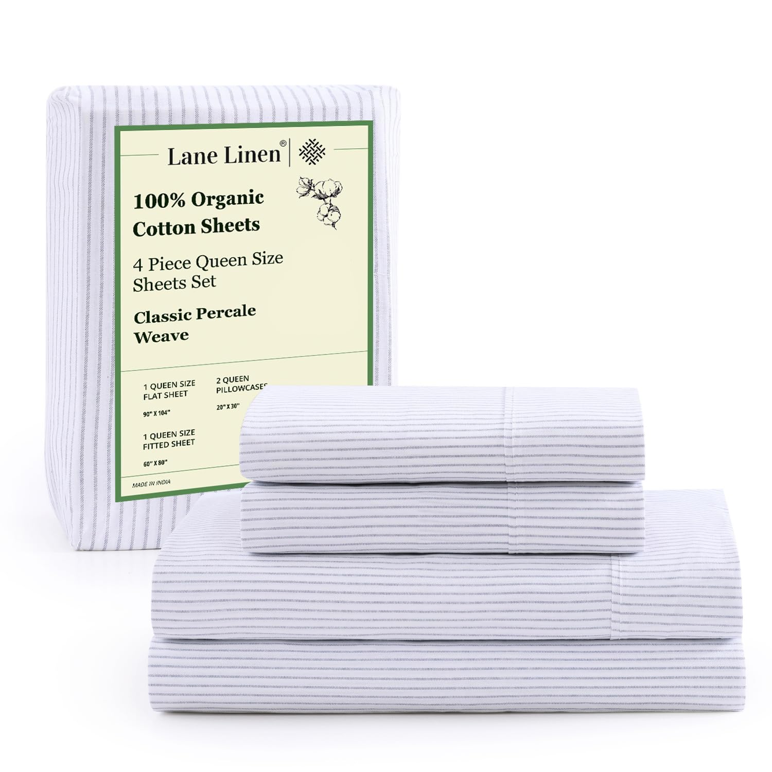 LANE LINEN 100% Organic Cotton Sheets Set Pure Long- Staple Percale Weave - Bedding for Bed Fits Mattress Upto 15" Deep Pocket (Queen Taupe)