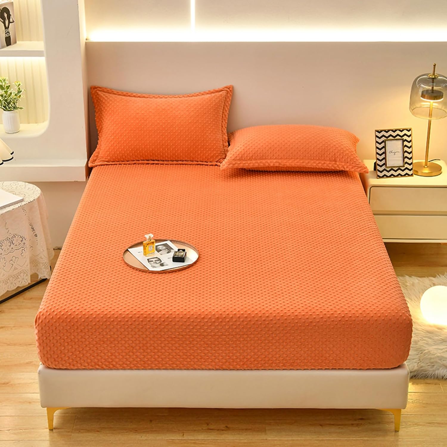 ZIQINPSQ Coral Velvet Fitted Sheet-Thickened Cold-Resistant and Warm Bed Sheets-Soft Velvet Fleece Fitted Sheets with-Elastic All Around. (Orange, Twin XL)
