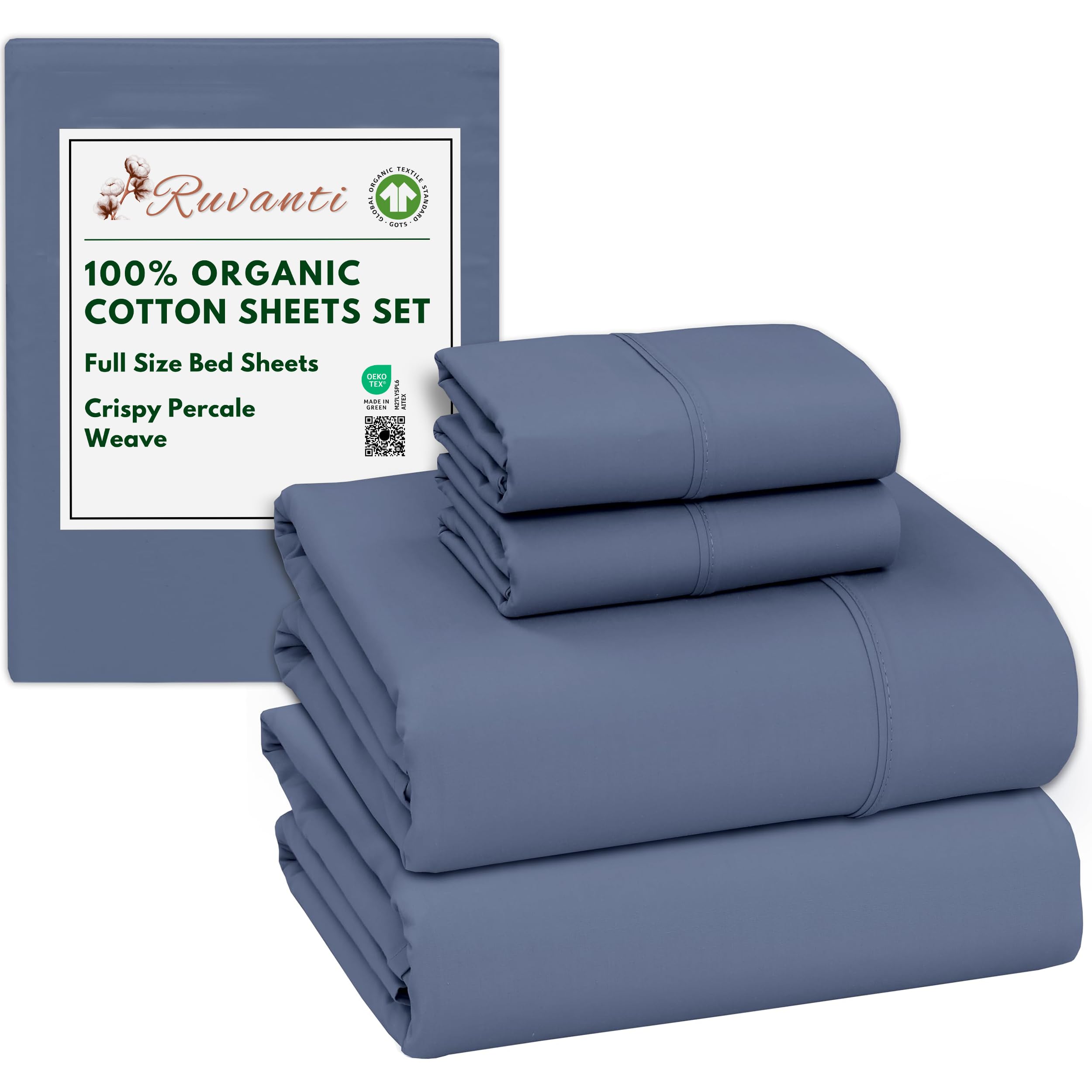 RUVANTI 100% Organic Cotton Sheets Queen Size, Percale Weave, GOTS Certified, 4-Piece Set, Deep Pocket 15", Crisp & Breathable, Soft Durable Bedding, Sábanas Algodón Orgánico – Daisy Bud