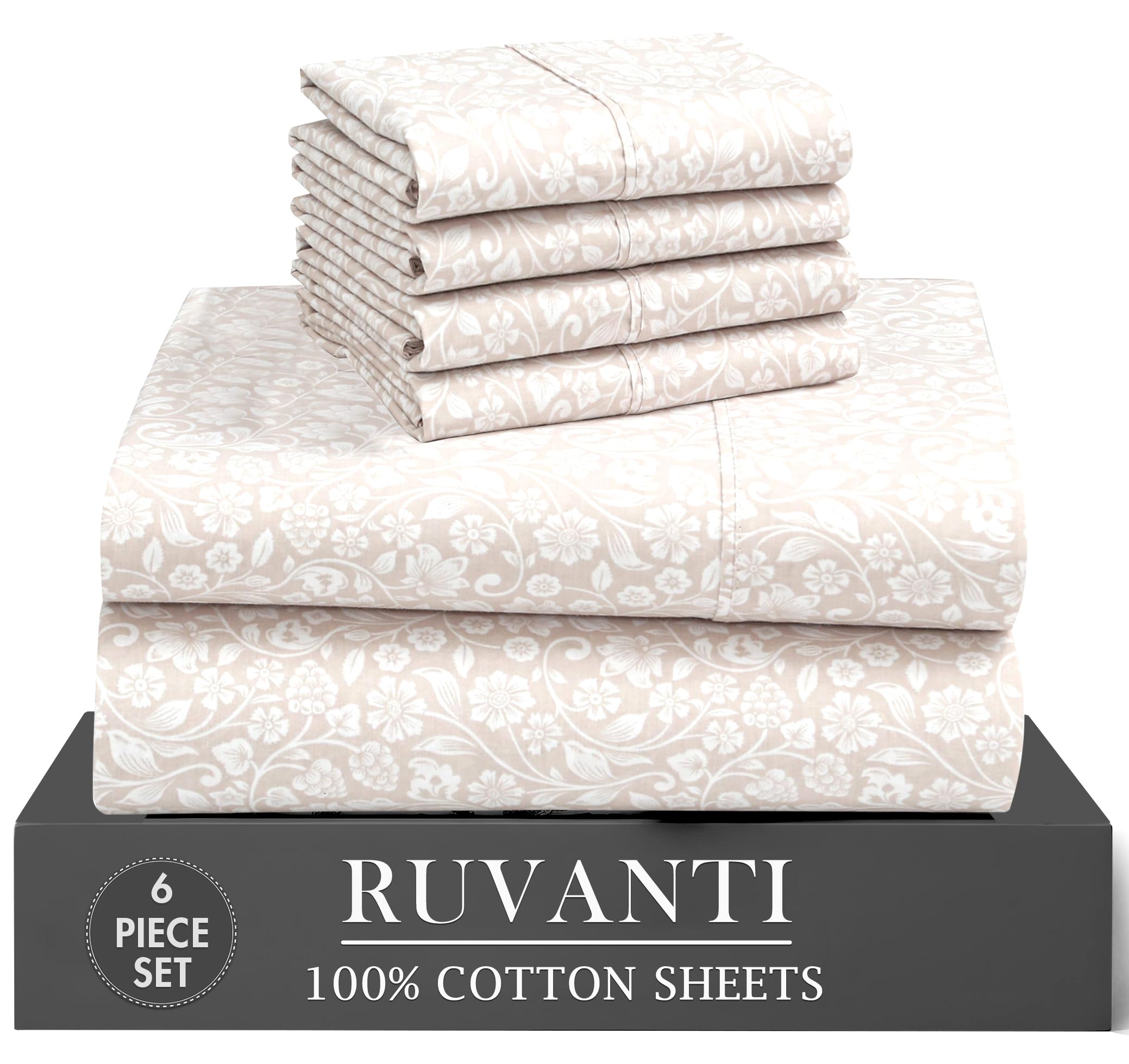 RUVANTI 6 Pcs Cotton Sheets - 100% Natural Cotton Soft, Lightweight & Breathable Crispy Percale Bed Sheets, Queen Sheet Set 16" Deep Pockets, Wild Flower