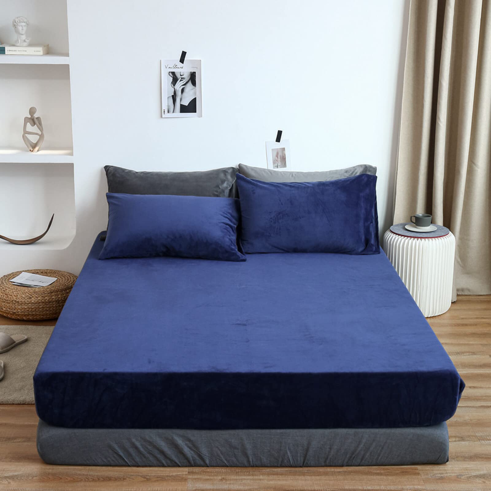 King Fitted Sheet,Winter Warm Coral Fleece Extra-Deep Pocket Sheets, Bedroom Hotel Homestay Queen Pure Color Mattress Protector Pillowcase,Purple,120cmx200cm (3pcs)