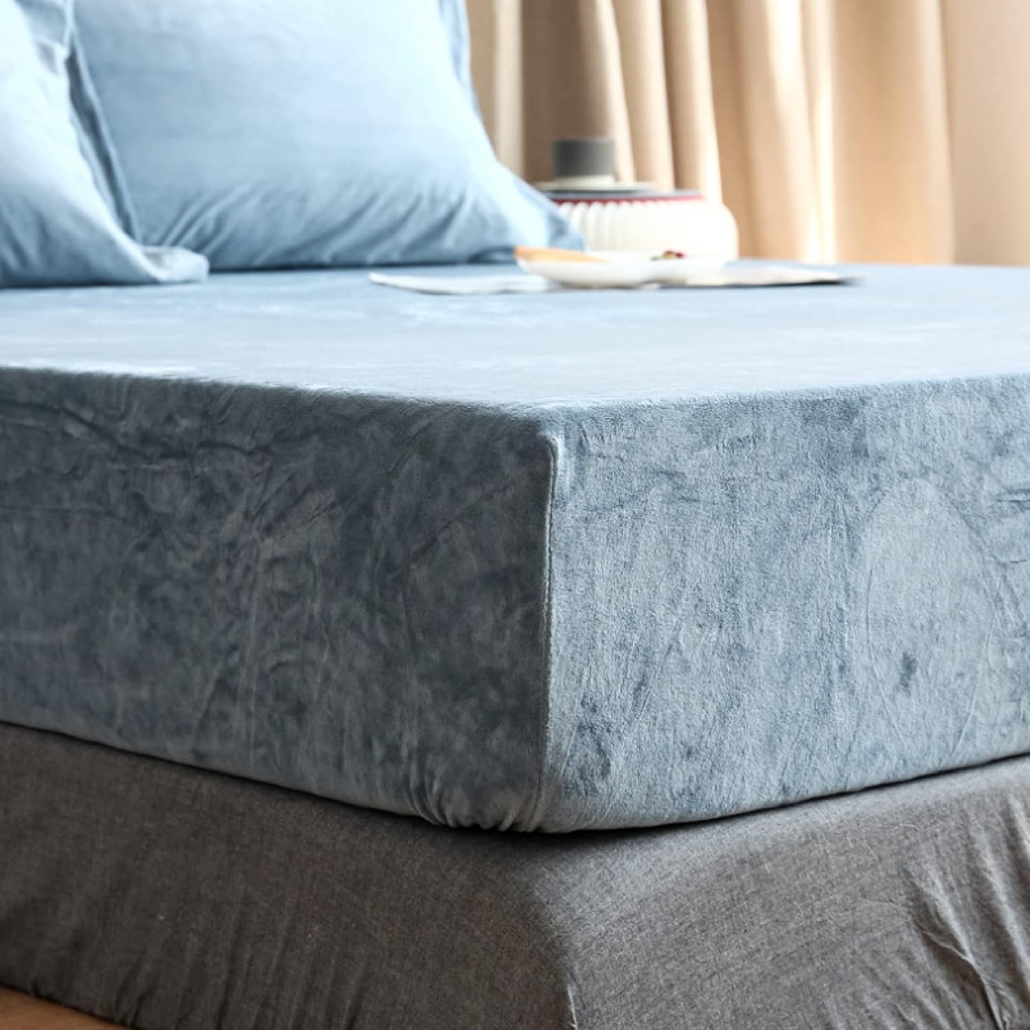 King Fitted Sheet,Winter Warm Coral Fleece Extra-Deep Pocket Sheets, Bedroom Hotel Homestay Queen Pure Color Mattress Protector Pillowcase,Purple,120cmx200cm (3pcs)
