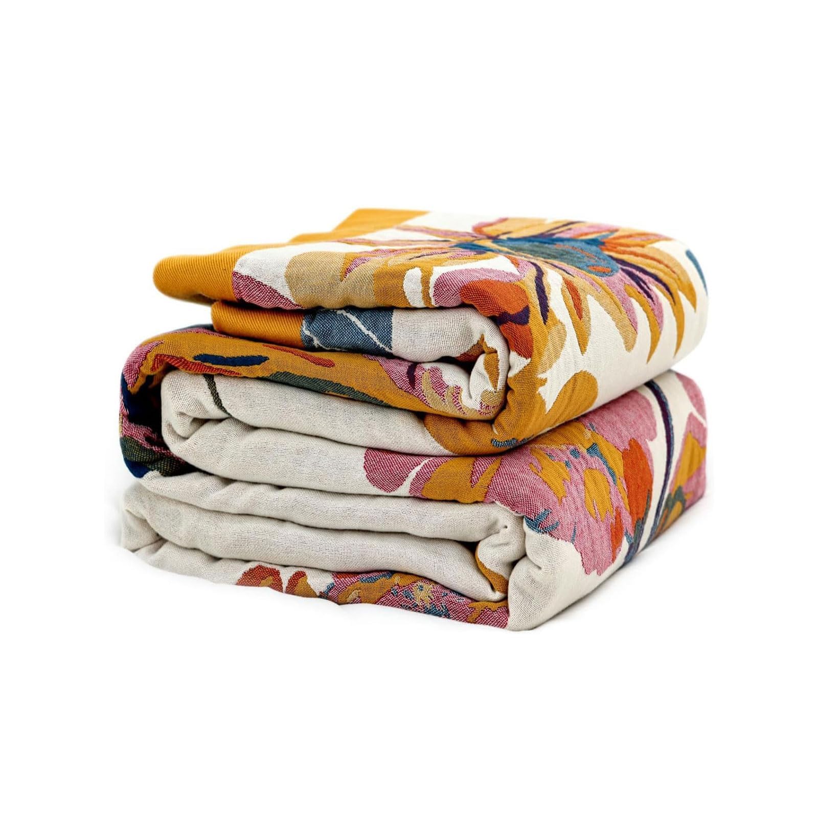 Boho Throw Blanket - 100% Cotton Soft Spring Throw Blanket for Bed, 90"x108" Reversible Breathable Lightweight Blankets, All Seasons Farmhouse Decor Floral Plant Butterfly Throw Quilt