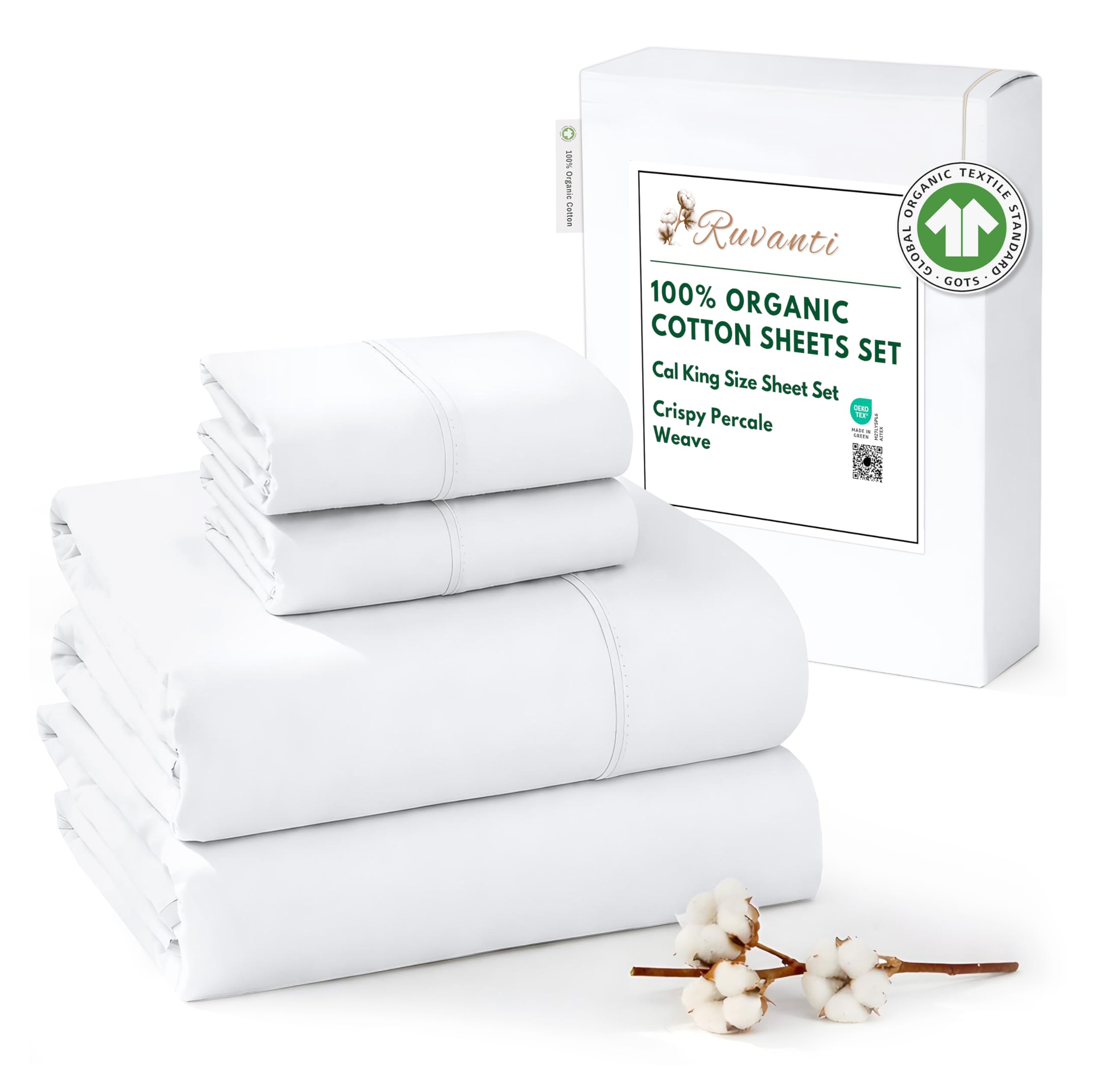 RUVANTI 100% Organic Cotton Sheets Queen Size, Percale Weave, GOTS Certified, 4-Piece Set, Deep Pocket 15", Crisp & Breathable, Soft Durable Bedding, Sábanas Algodón Orgánico – Daisy Bud