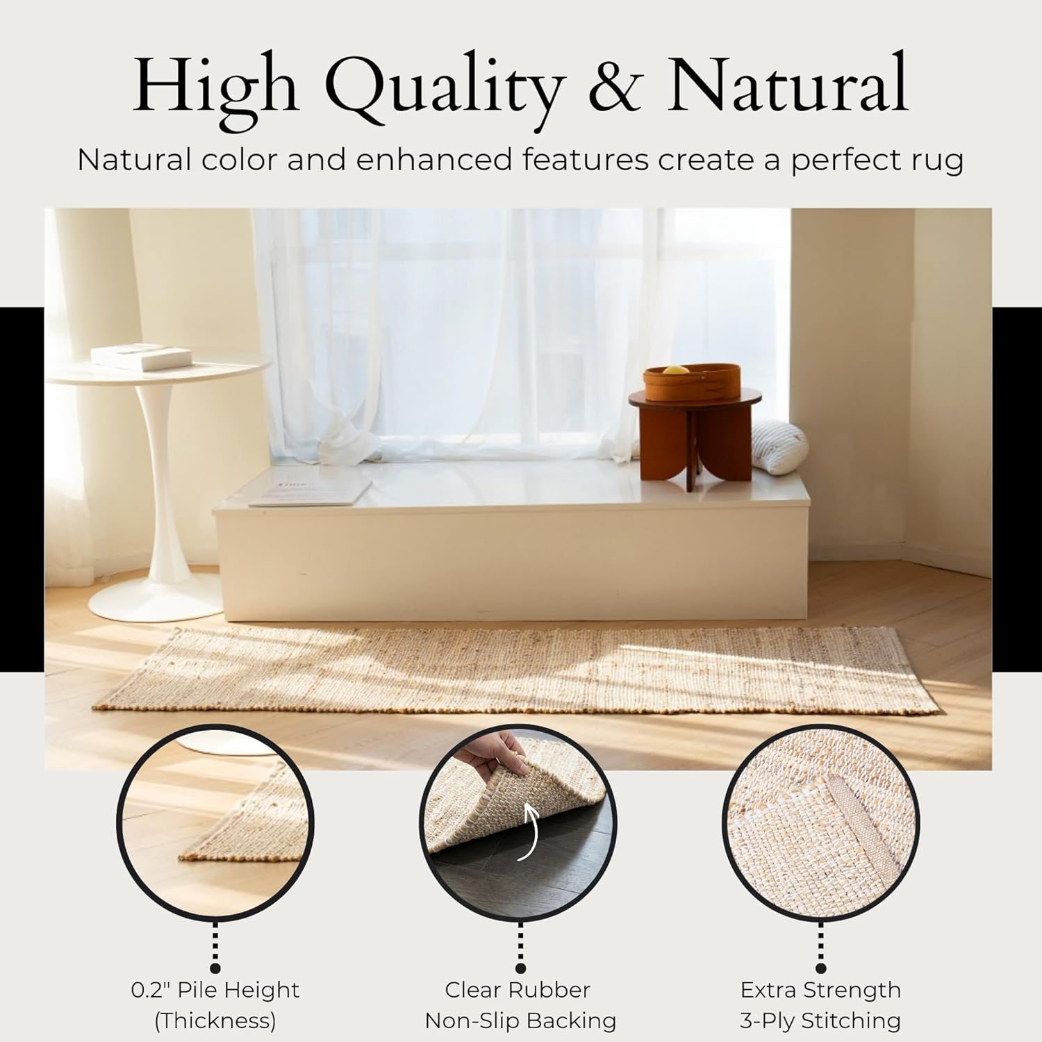 Jute-Cotton Rug 2x6 – Luxurious Natural Hallway Runner with Non-Slip Backing, Low-Profile Kitchen Rug for Entryway, Boho Decor, or High-Traffic Areas – Eco-Friendly 2x6 Jute Cotton