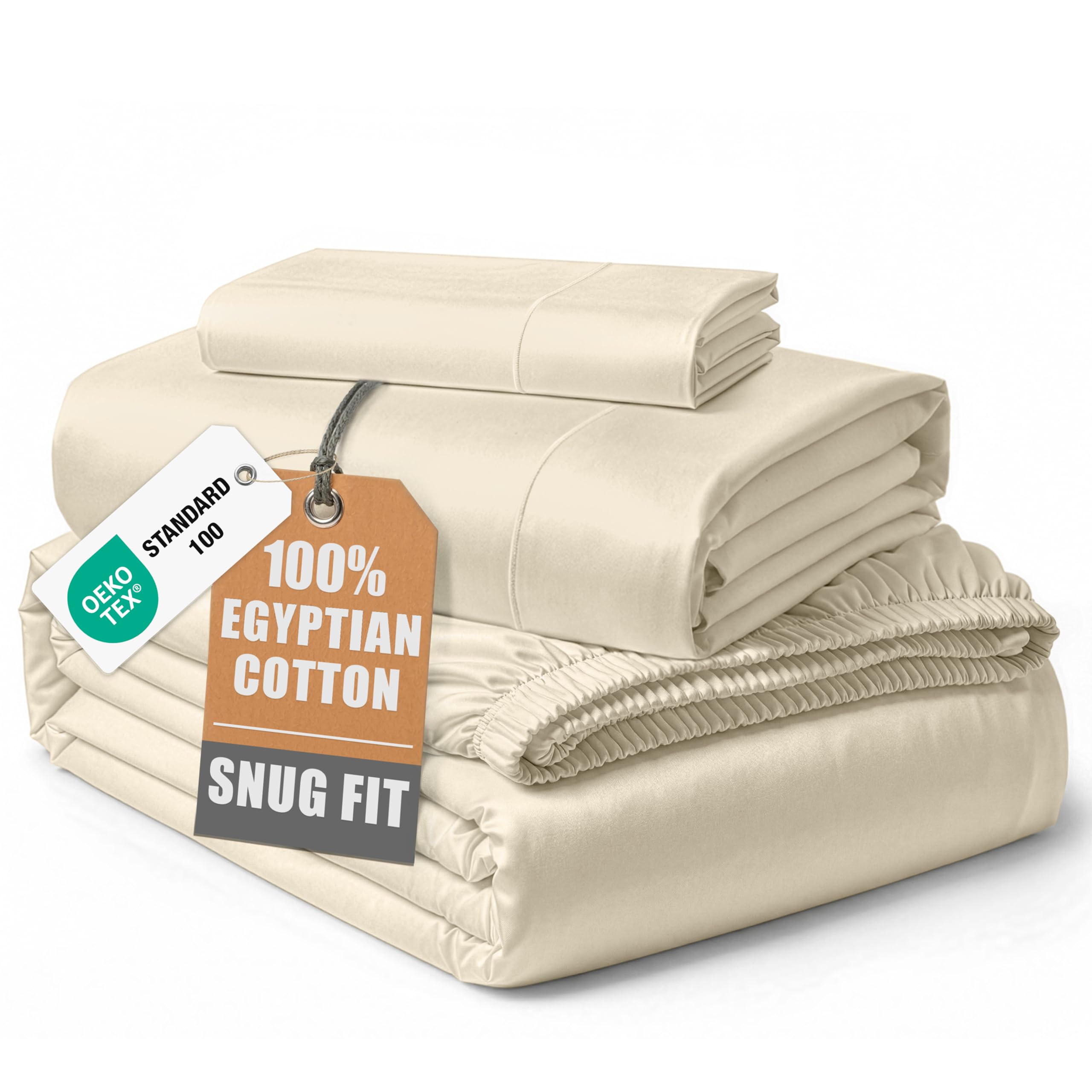 100% Egyptian Cotton Sheets Queen Size - Naturally Cooling & Breathable 4 Piece Silky Sateen Weave Queen Sheet Set, Ultra-Soft & Durable Hotel Luxury Sheets with 15" Snug Fit Deep Pockets - White