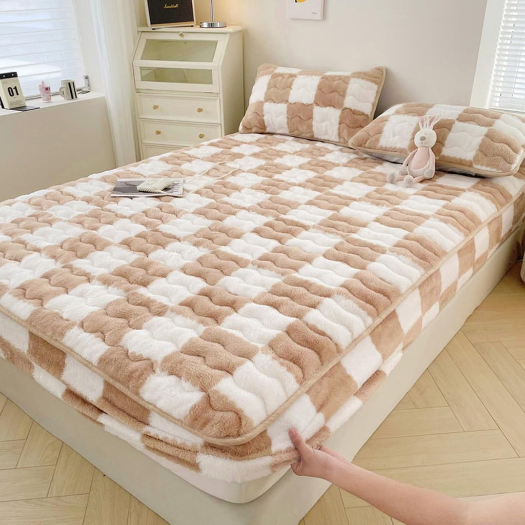 Coral Fleece Fitted Sheet with Two Pillowcases,Queen Size Super Soft Warm Plush Bed Sheets,12" Deep Pocket Single/Double Sheet,Suitable for Any Mattress(E,200x220cm)
