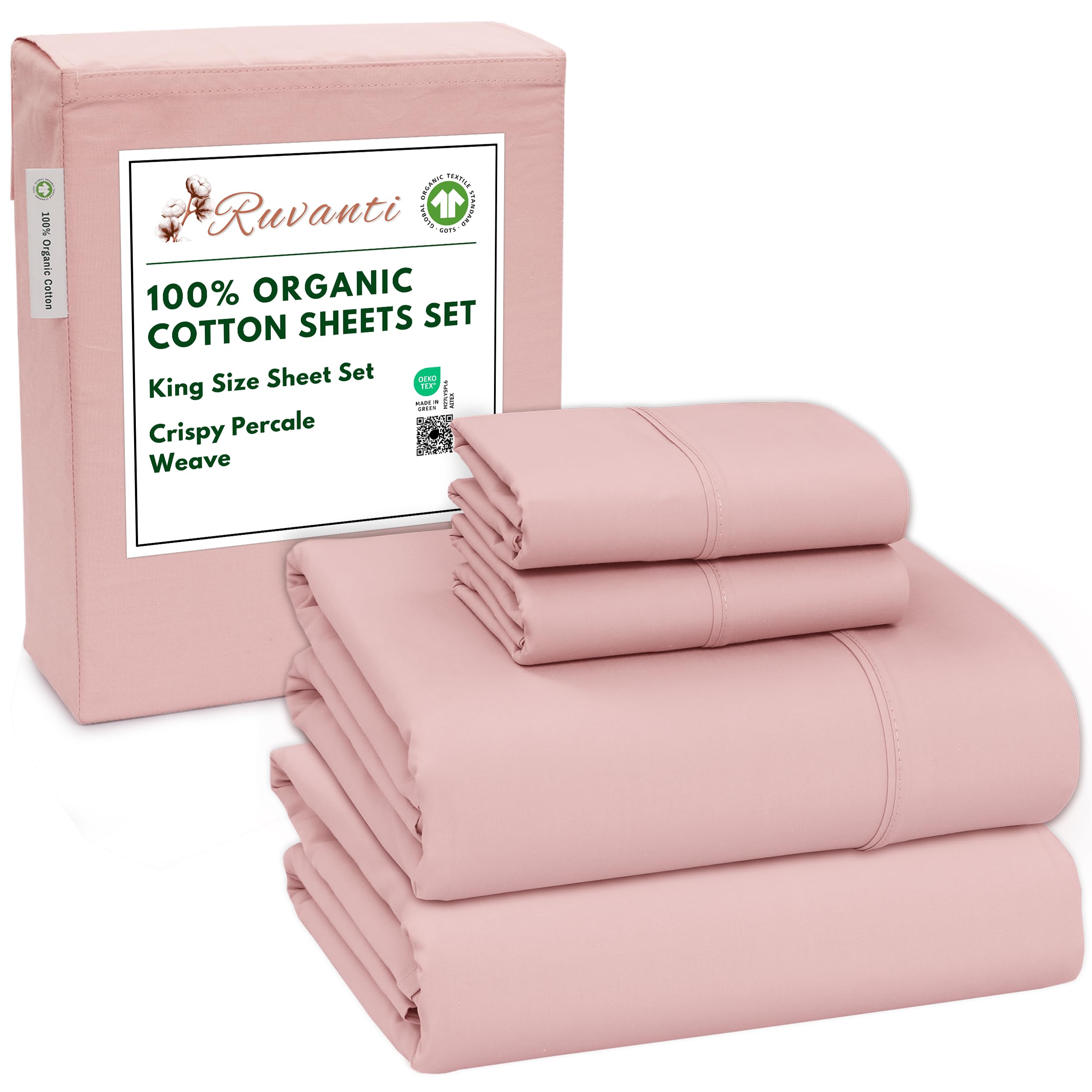 RUVANTI 100% Organic Cotton Sheets Queen Size, Percale Weave, GOTS Certified, 4-Piece Set, Deep Pocket 15", Crisp & Breathable, Soft Durable Bedding, Sábanas Algodón Orgánico – Daisy Bud