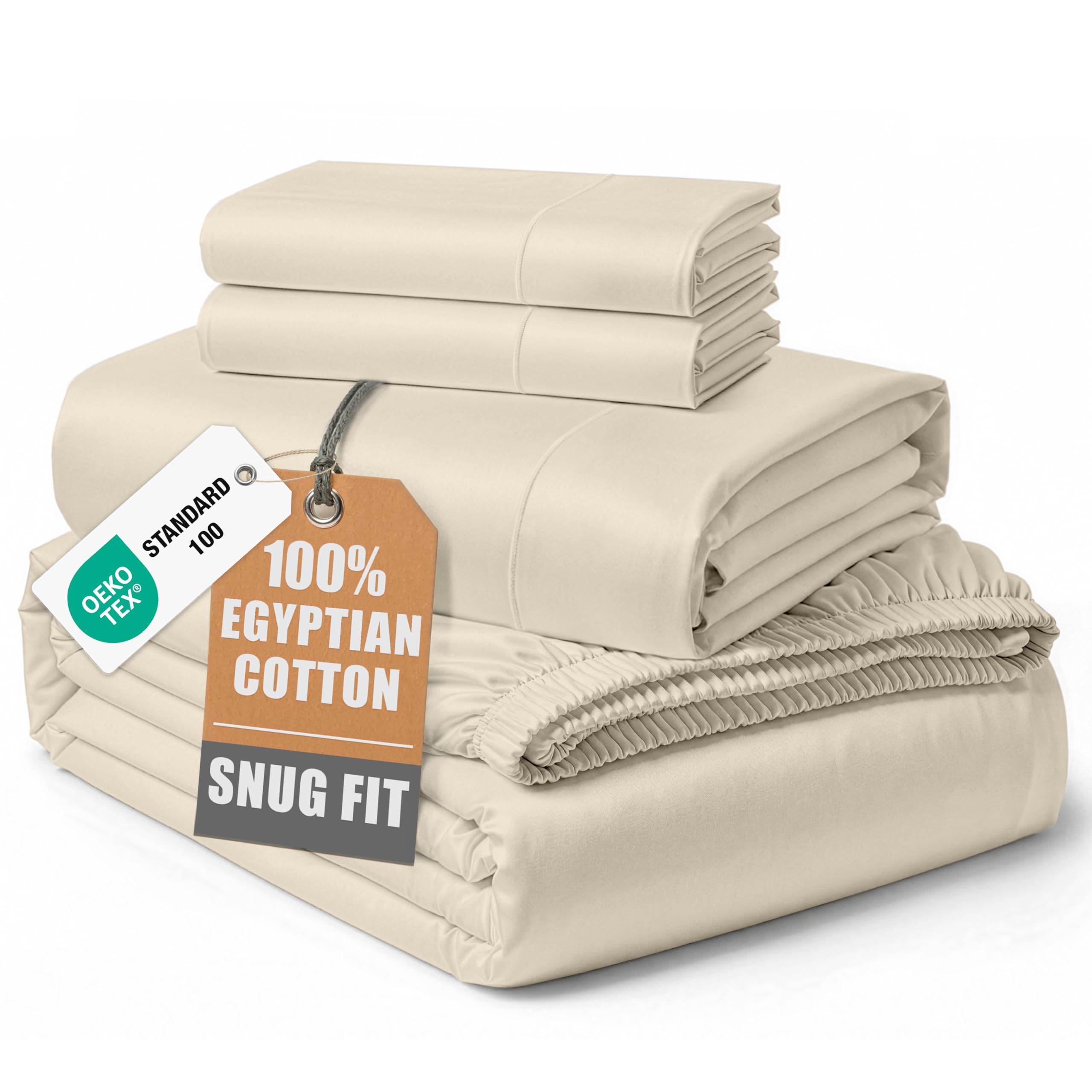 100% Egyptian Cotton Sheets Queen Size - Naturally Cooling & Breathable 4 Piece Silky Sateen Weave Queen Sheet Set, Ultra-Soft & Durable Hotel Luxury Sheets with 15" Snug Fit Deep Pockets - White