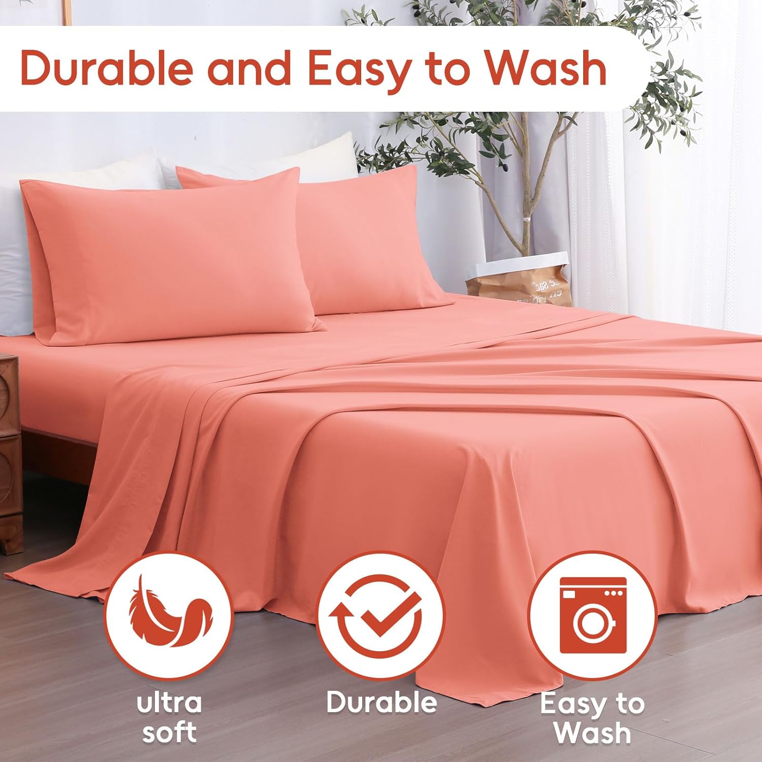 LONAVA Twin Sheet Set 3 Pieces,Peachy Coral Ultra Soft & Breathable Microbifer Sheets, 1600 Thread Count Hotel Luxury Oeko-Tex Bed Sheets, 14-16 Inch Deep Pocket Durable Wrinkle Free Sheets