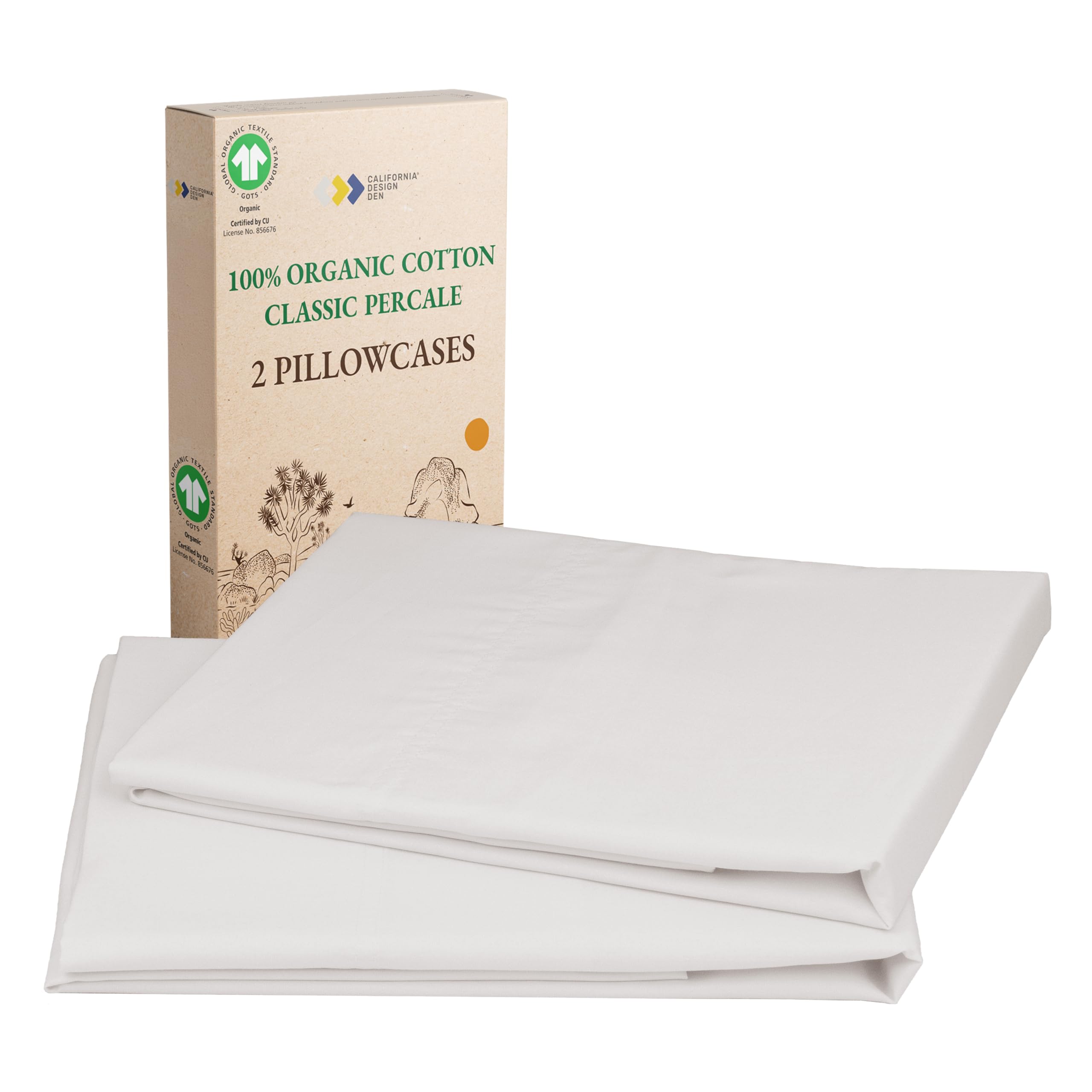 California Design Den 100% Organic Cotton Pillow Cases Queen/Standard Set of 2, Soft & Crisp Percale Weave Cotton Pillowcases (Bright White)